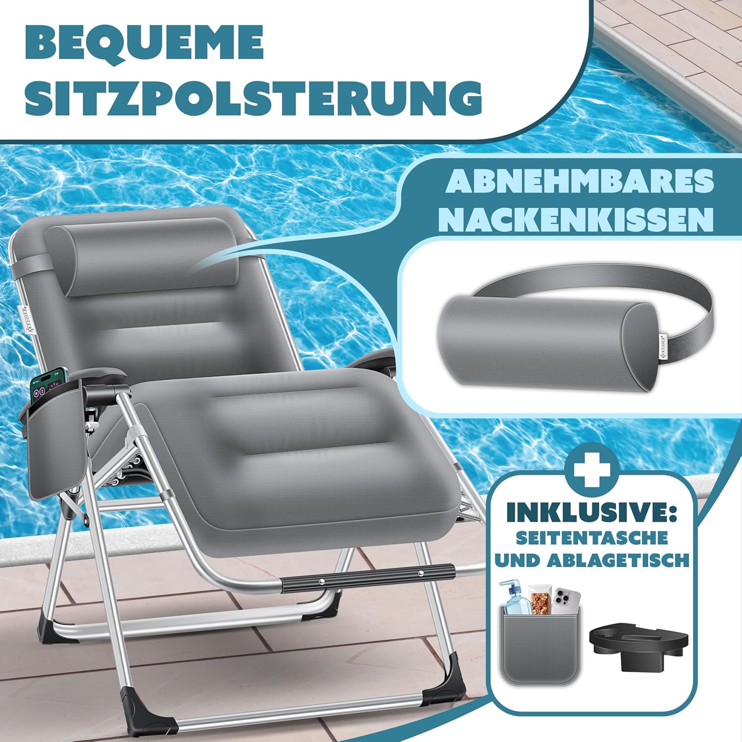 KESSER® Sonnenliege Liegestuhl,Gartenliege extra breit & Wetterfest,Belastbar 200kg,Ergonomisches Polster verstellbare Rückenlehne inkl. Nackenkissen Getränkehalter Armpolster & Seitentasche Grau