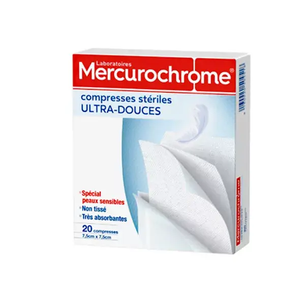 Compressas estéreis ultra macias de mercurocromo, 7,5 cm x 7,5 cm, 20 unidades.