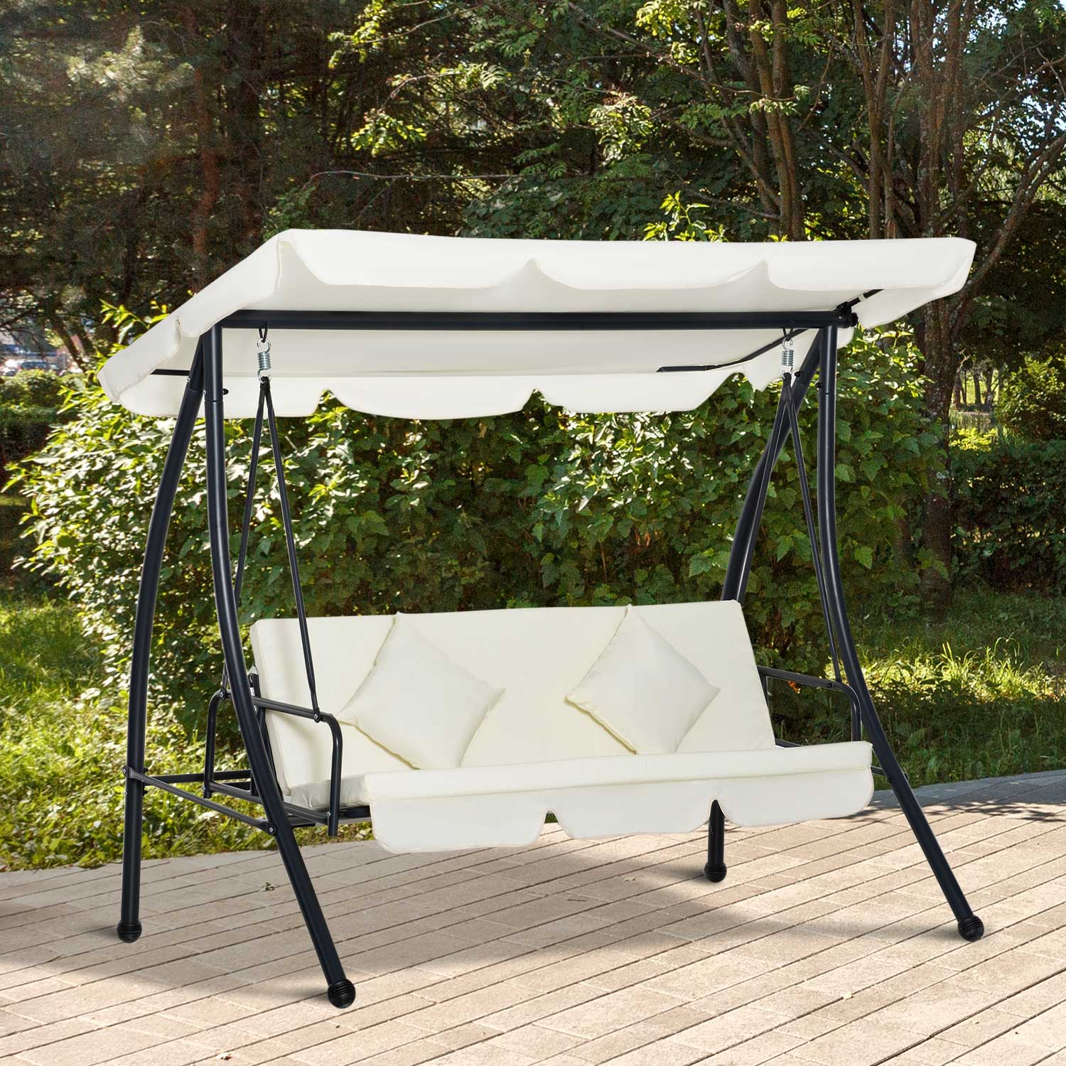 Cadeira de balanço de jardim Outsunny de 3 lugares, conversível em cama, com dossel ajustável, almofada acolchoada e travesseiros para varanda/terraço, capacidade de carga de 340 kg, aço, 200x125x170 cm, creme.