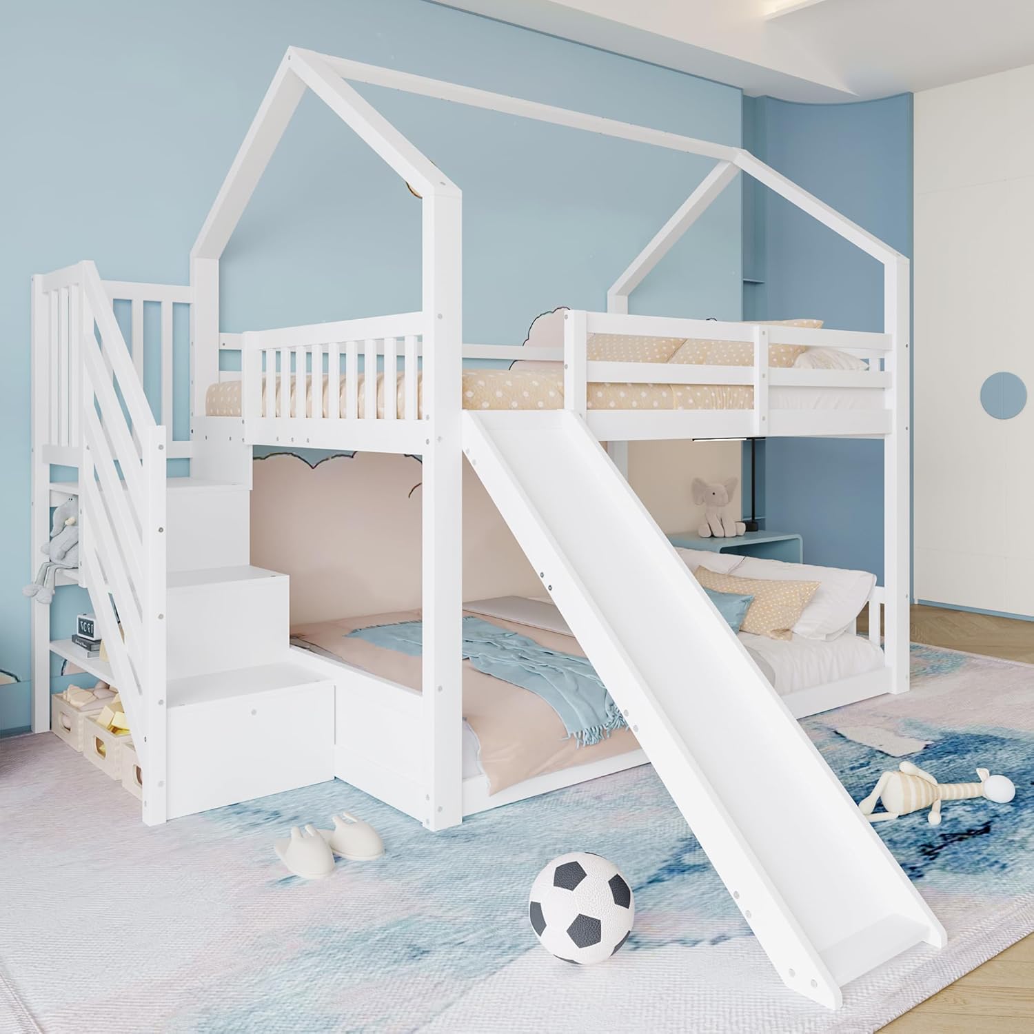 Etagenbett mit Aufbewahrungsleiter und Rutsche, Kinderbett mit Geländer, geeignet für Kinder, Jugendliche (ohne Matratze) (Weiß, 140 cm × 200 cm)