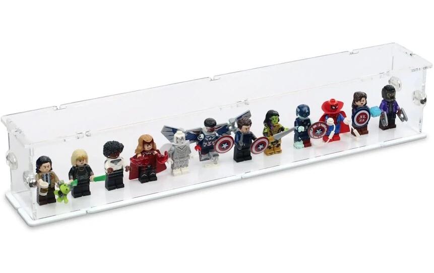Baukasten Acryl-Display für 12 LEGO-MinifigurAcryl-Display-Box mit weissem Boden und Noppen