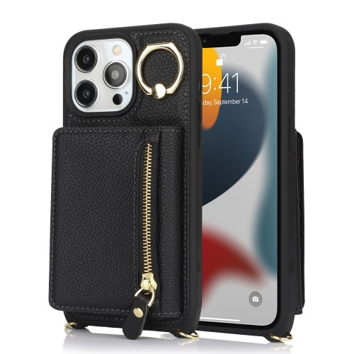iPhone 13 Pro Necklace Leder Hülle mit Münzfach und Kartenfächer   Finger Griff Halterung   Handykette - Schwarz