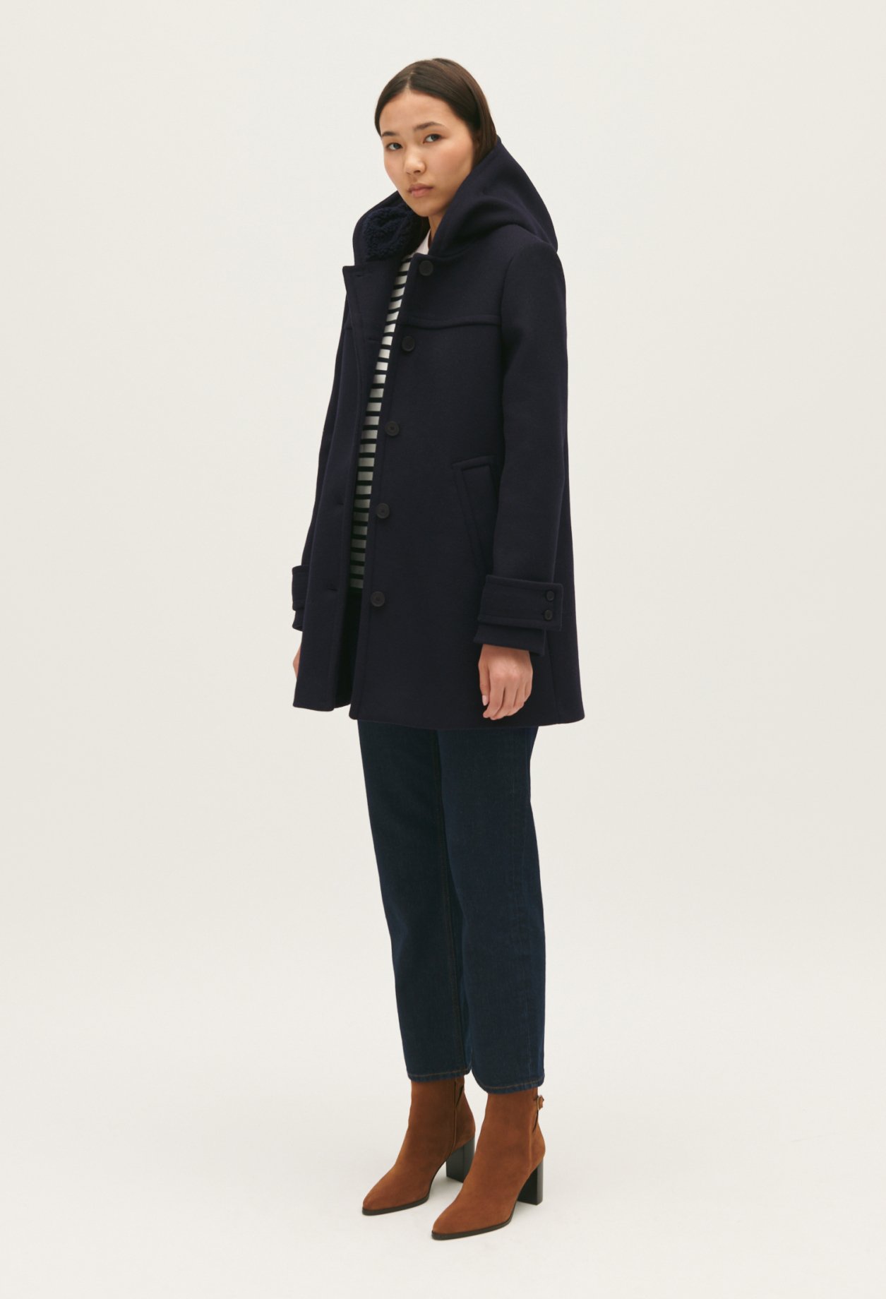 Manteau marine capuche laine melangee
