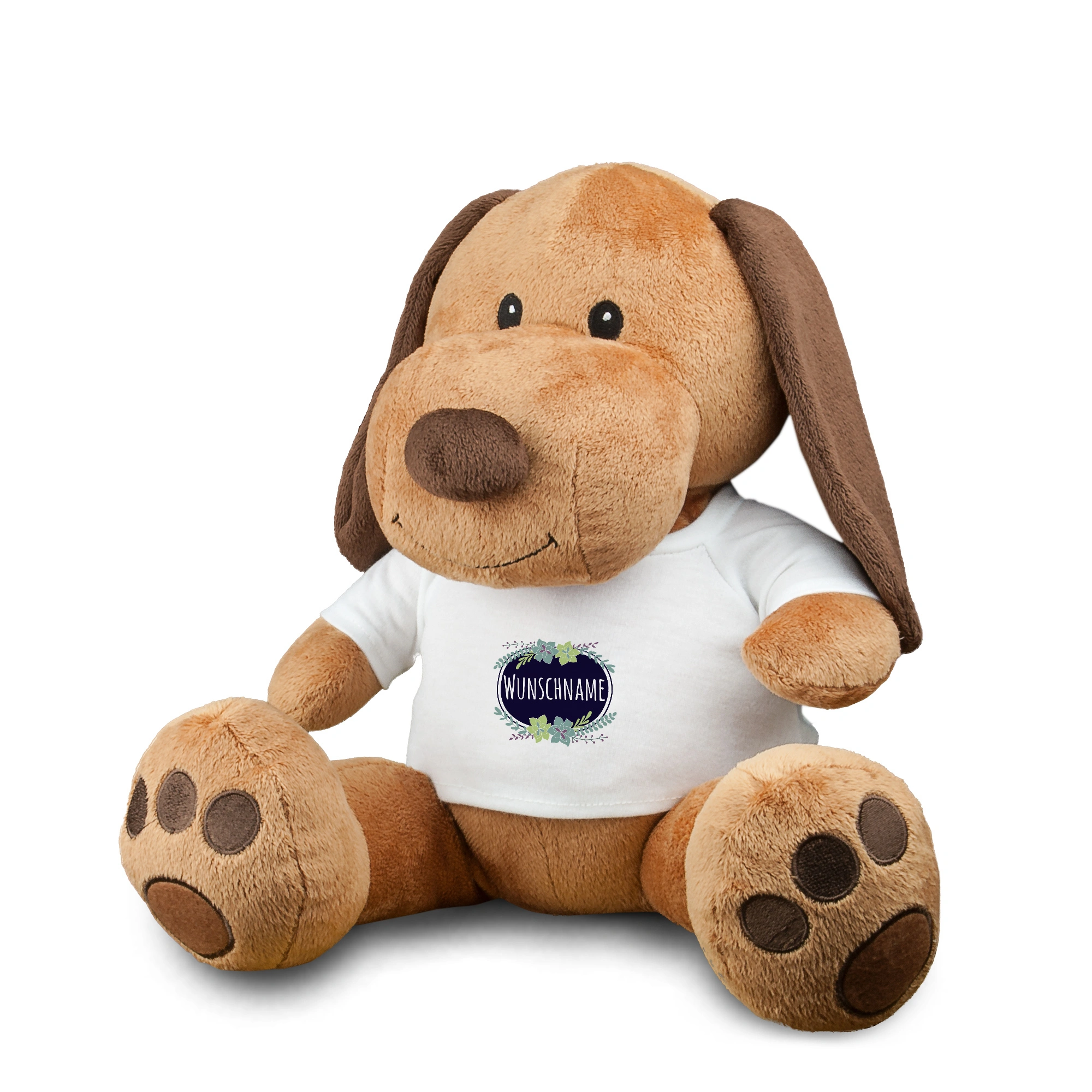 Kuscheltier Hund mit Namen (Motiv: Blumen)