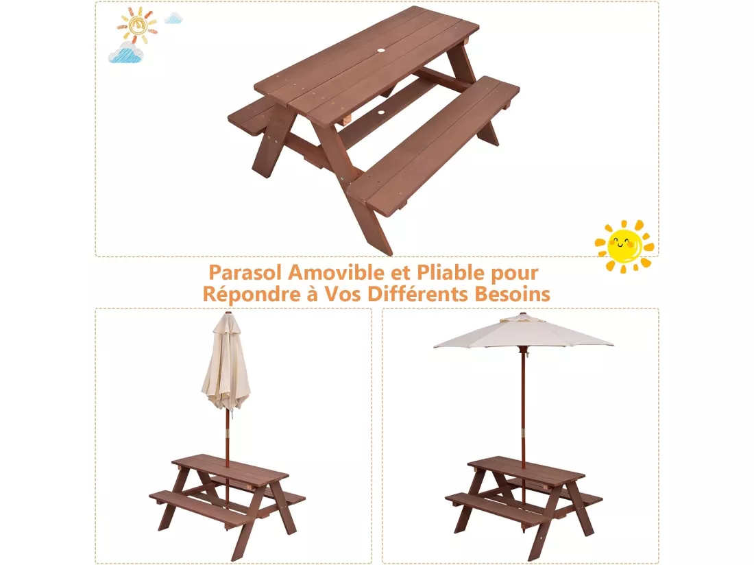 Table de Pique-Nique Enfants en Bois avec Parasol Amovible 89x79x50cm, Table d’Activités Enfants avec 1 Table et 2 Bancs pour Jardin Terrasse Patio (Naturel)