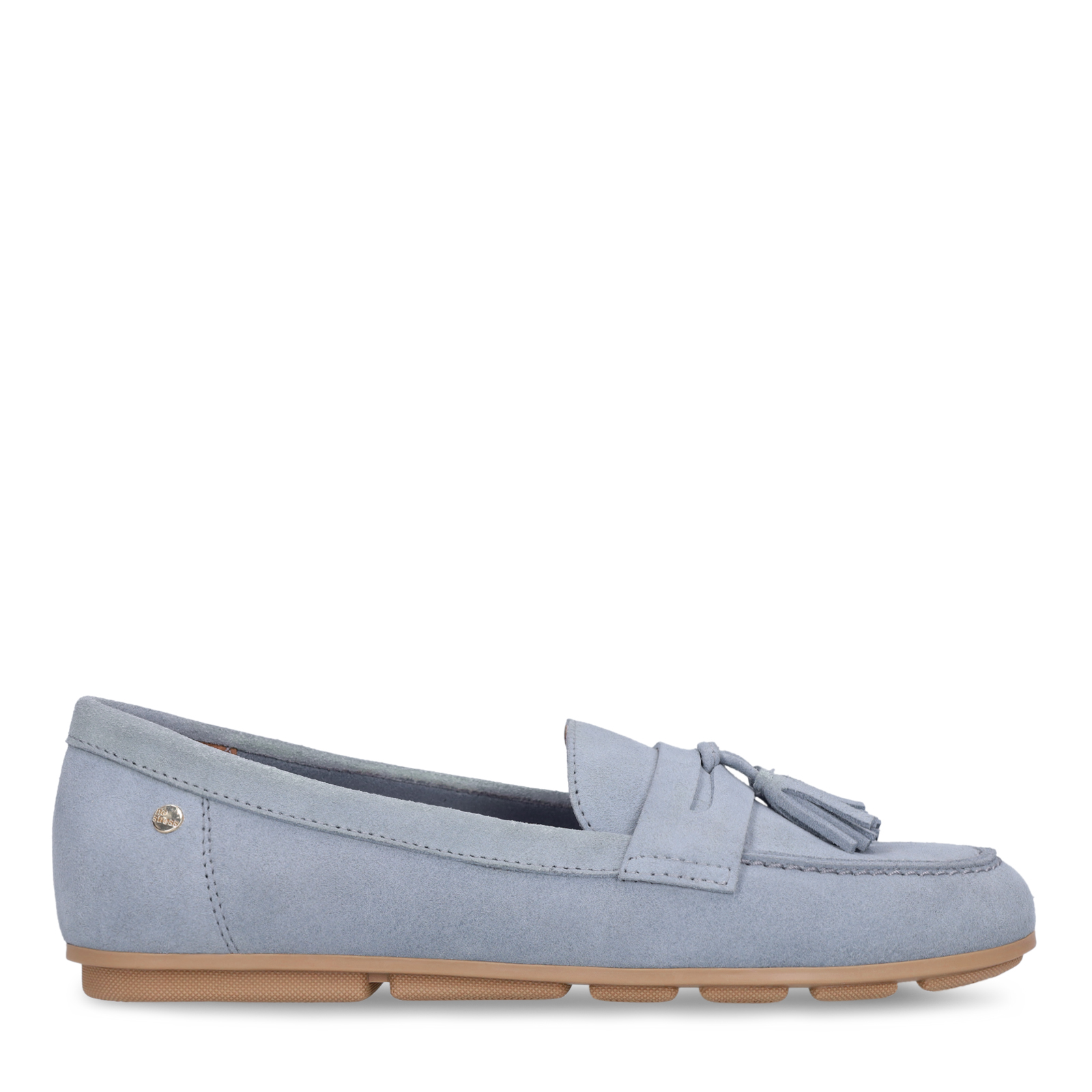 Blauwe suède loafers met franjes