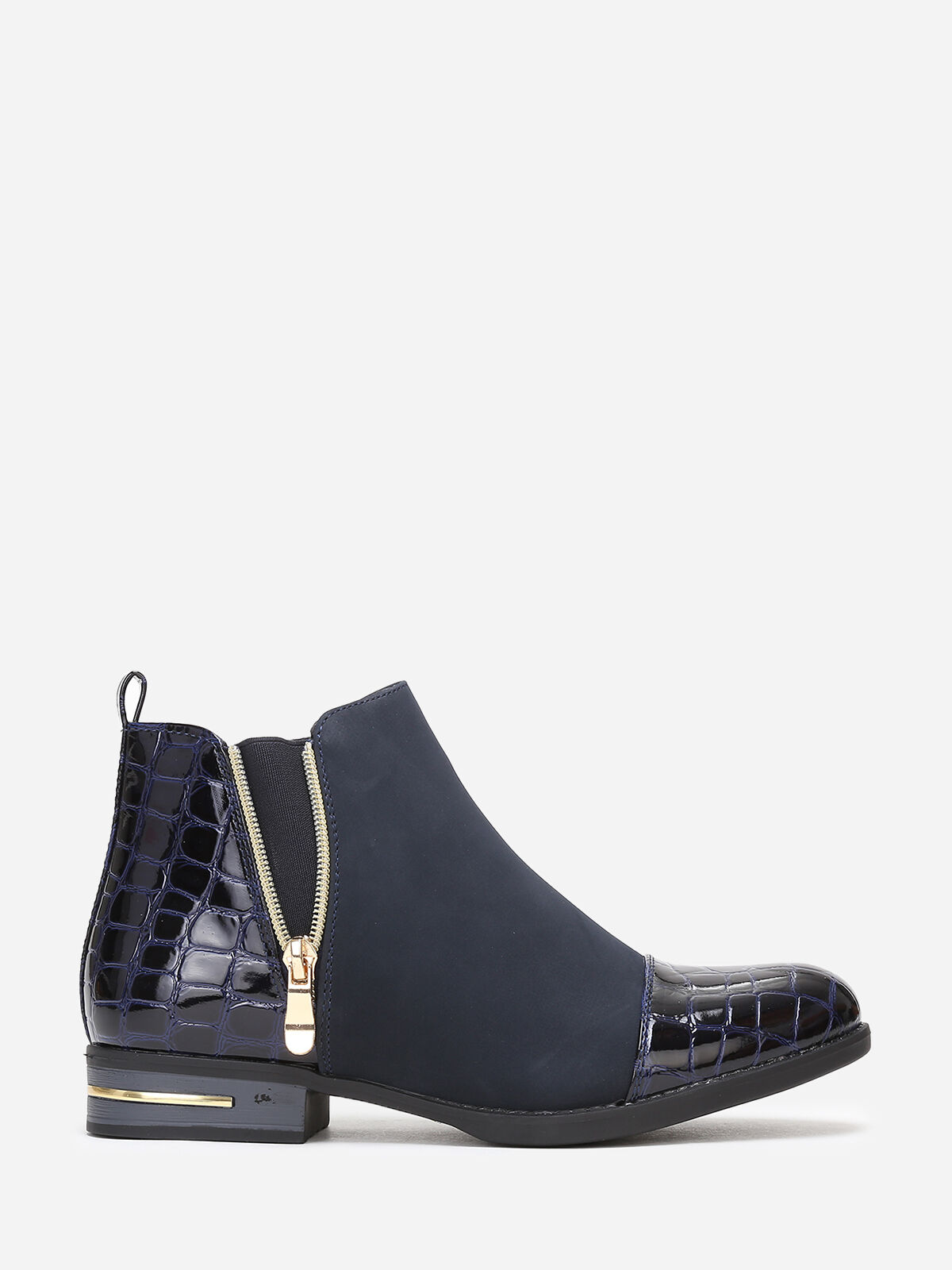 Bottines bi-matières bout vernis imprimé croco- Bleu