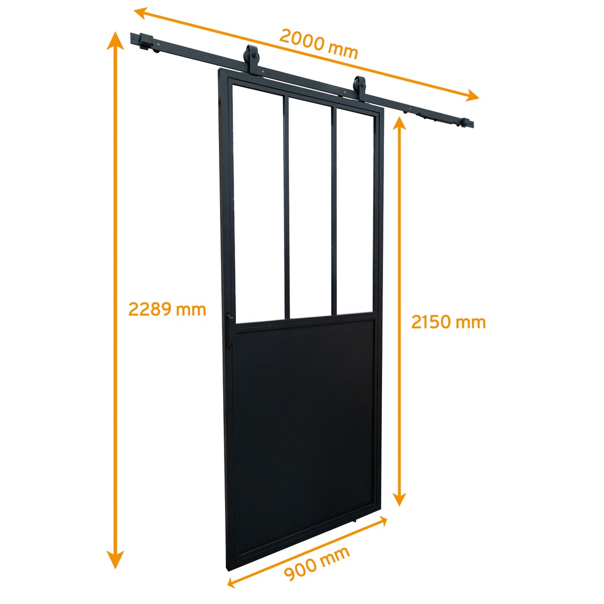 Loftschuifdeur 900x2150mm van staal in zwart met glasinzet