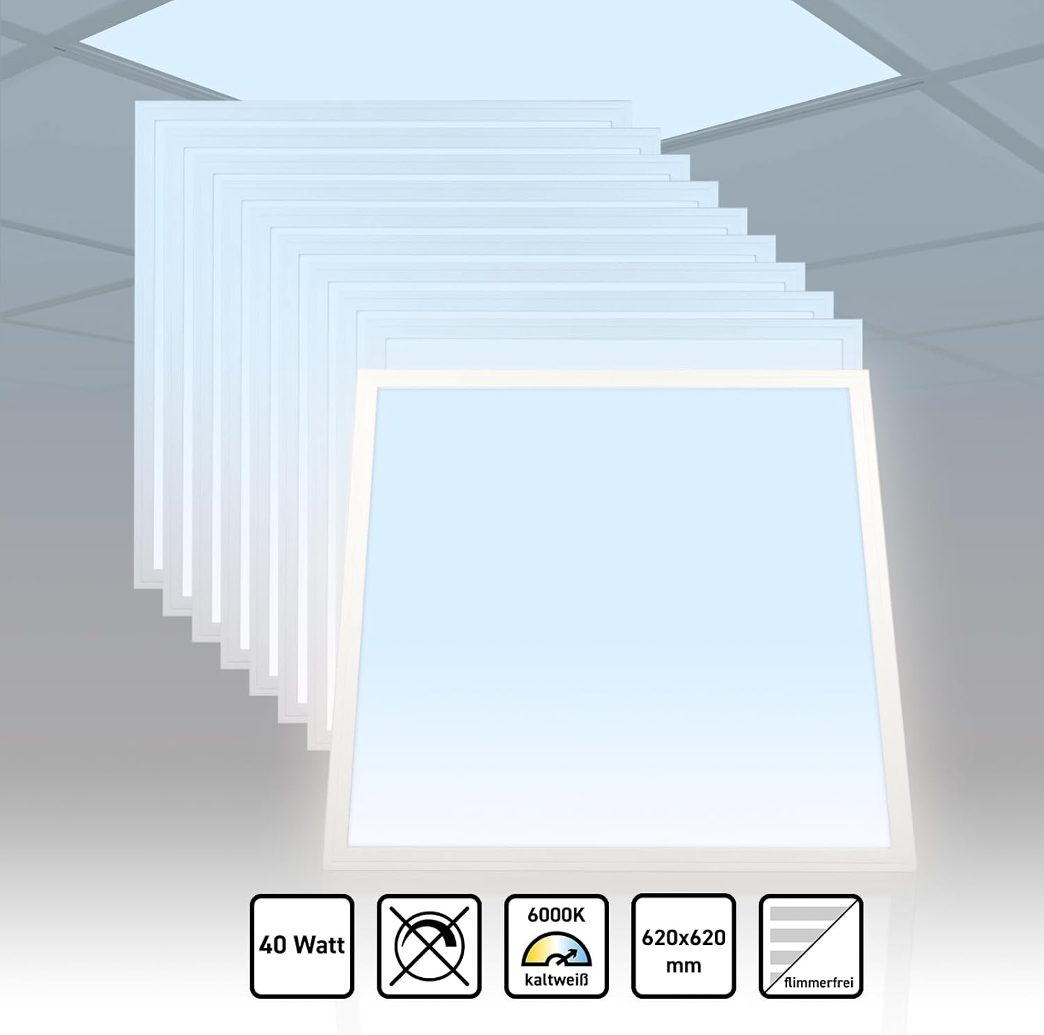 10x LED Panel 62x62cm 6000K Tageslichtweiß 40W 3400lm Rasterleuchte flimmerfrei ultraslim Deckenleuchte PLe2.2
