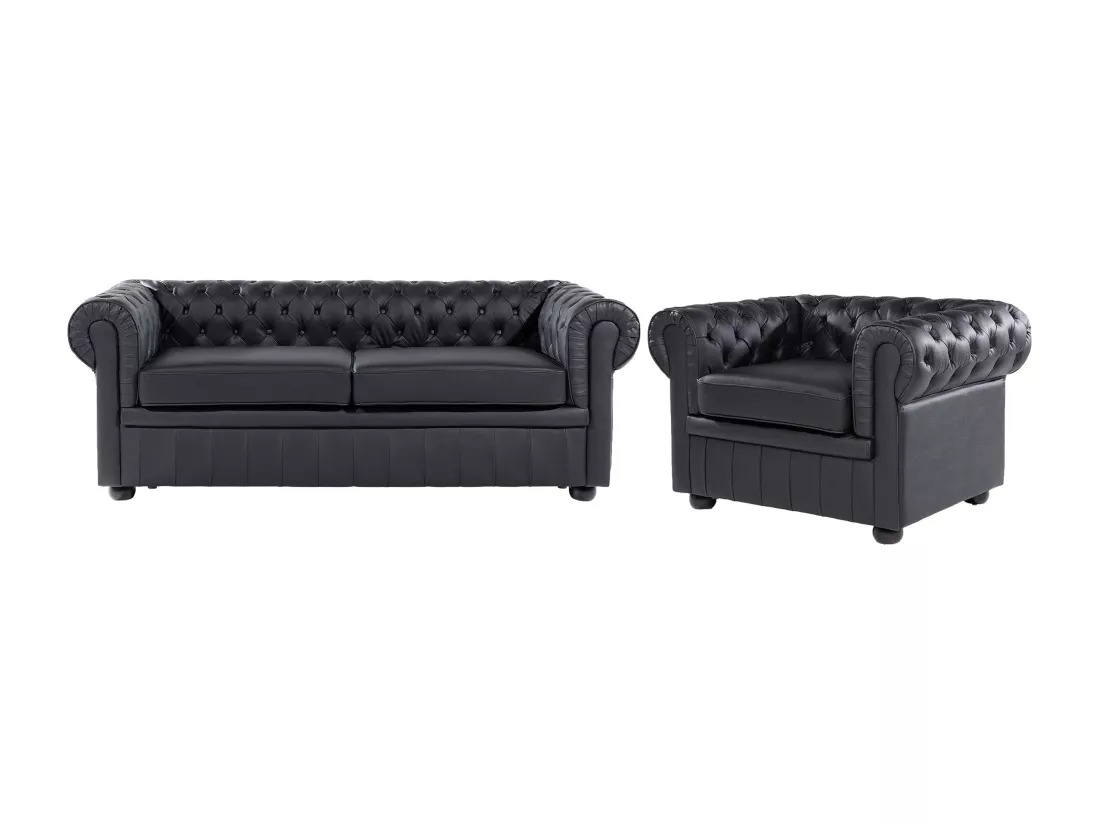 Ensemble canapé et fauteuil en cuir noir 4 places CHESTERFIELD