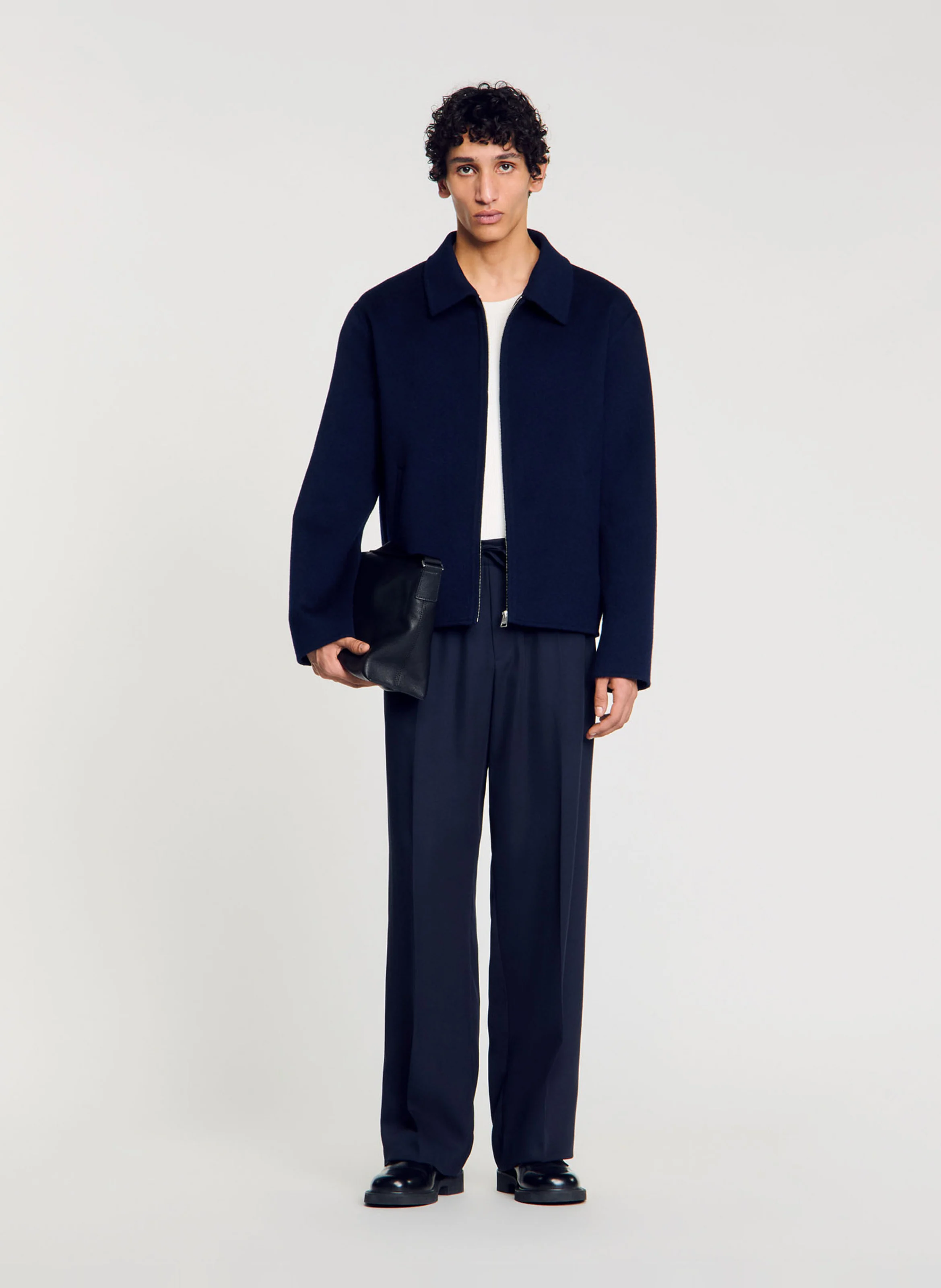 Veste droite col classique en laine mélangée | Bleu