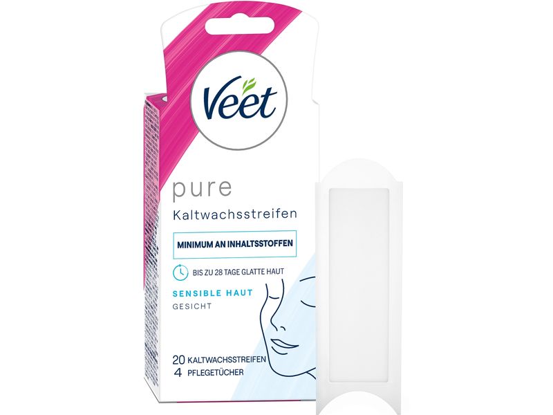 Veet Kaltwachsstreifen Gesicht Sensible Haut 20 Stück Praktische Kaltwachsstreifen mit spezieller Gel Formel und Mandelöl