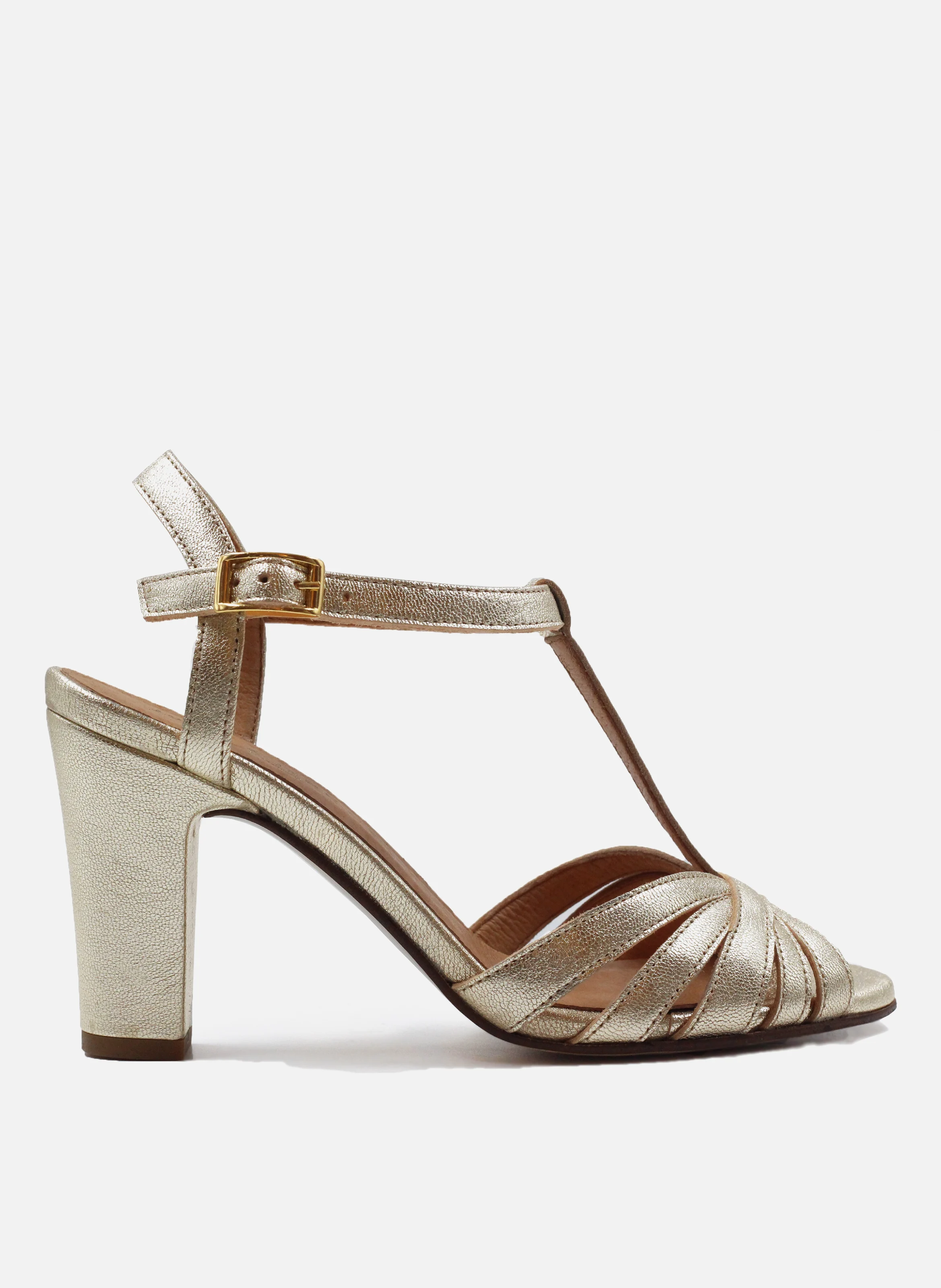 Sandales talon brides cuir métalisé | Doré