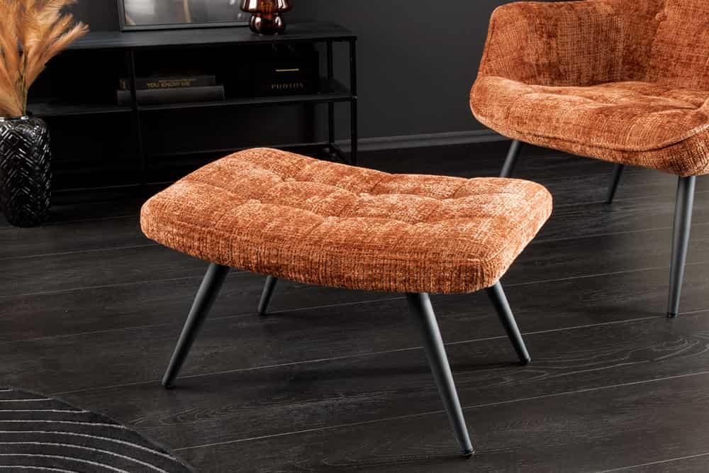 Moderner Hocker SCANDINAVIA rost braun Chenille Cremona Metallbeine Fußhocker