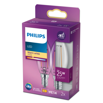 Philips LED kaars E14 25W 2 stuks filament helder niet dimbaar