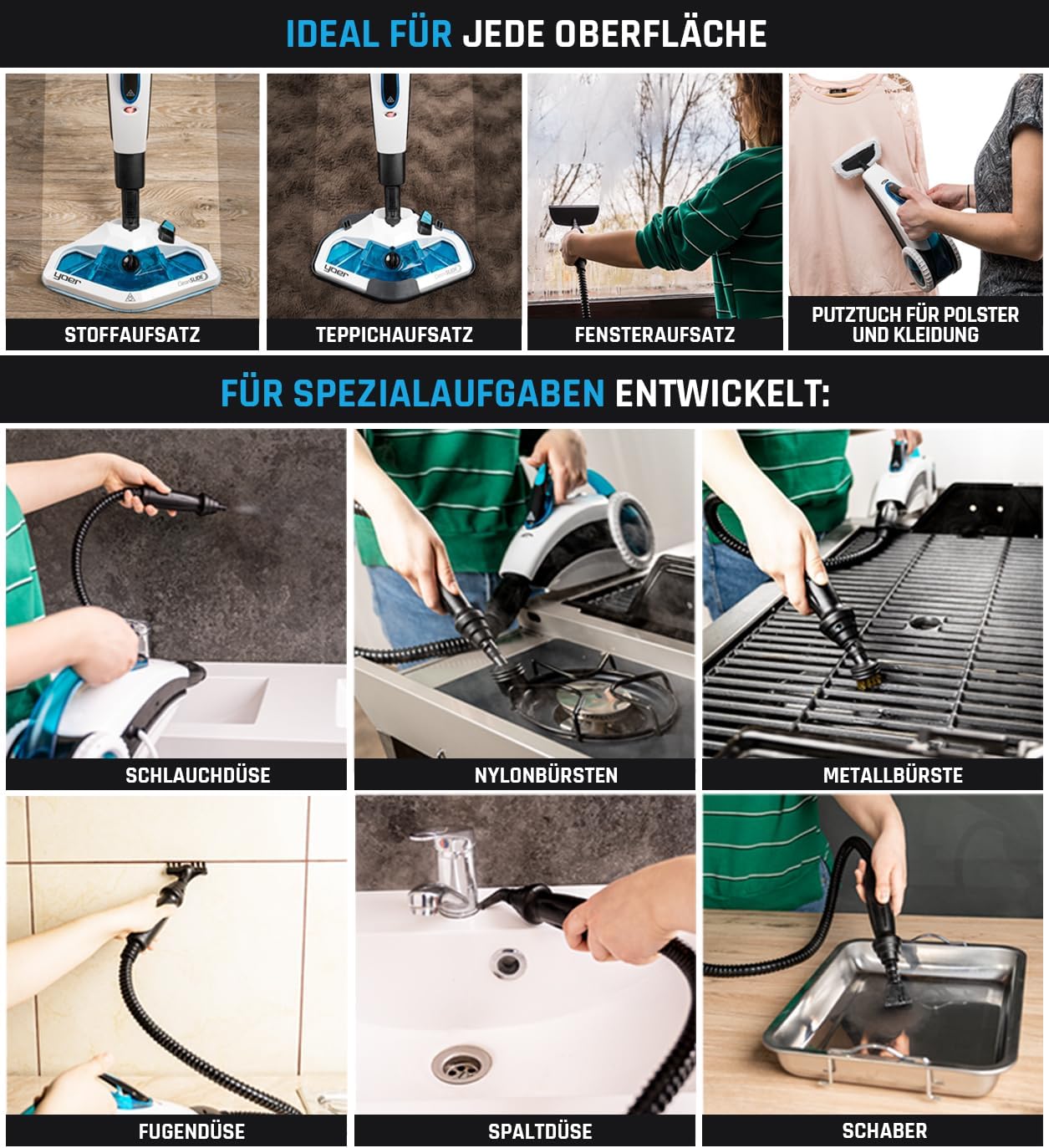 Yoer CleanSlide SMC01W, Dampfmop mit Handwaschanlage, 6 m Reichweite, 400-ml-Tank, Zubehörsatz, Schnellaufheizung, Drehfuß, für Teppiche, Polster, Teppichböden, weiß