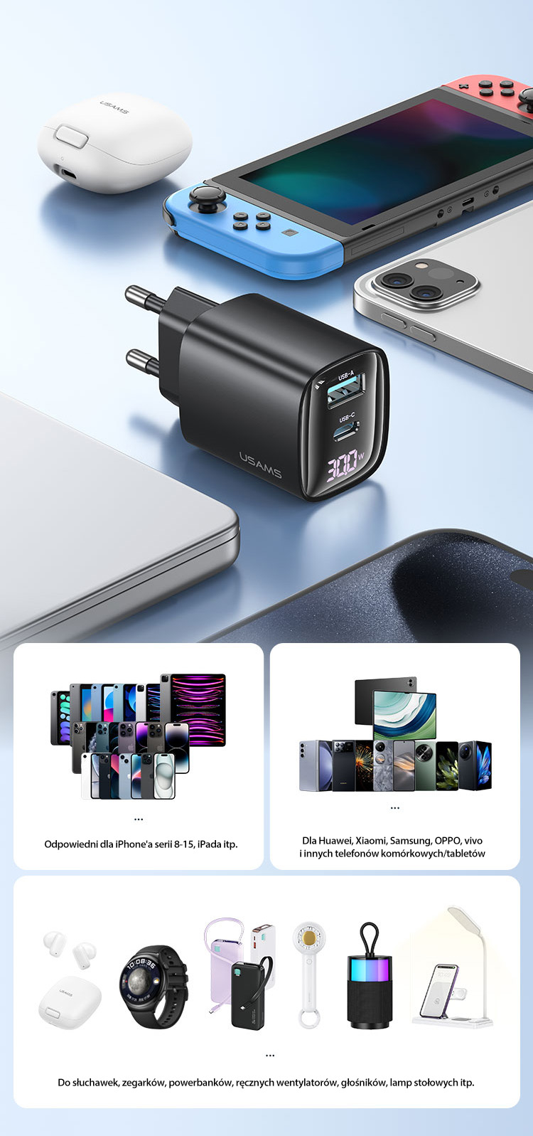 (30W/3A) USB A / USB C GaN Ladegerät Netzteil Power Delivery mit LED Anzeige (USA001441) - Weiss
