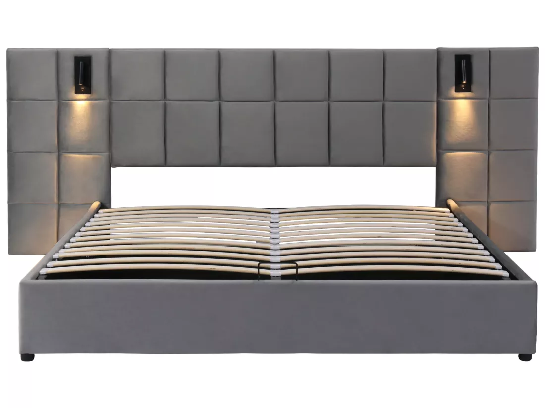 Lit coffre avec tête de lit réglable - 140 x 200 cm - velours - avec lampe orientable et USB - gris