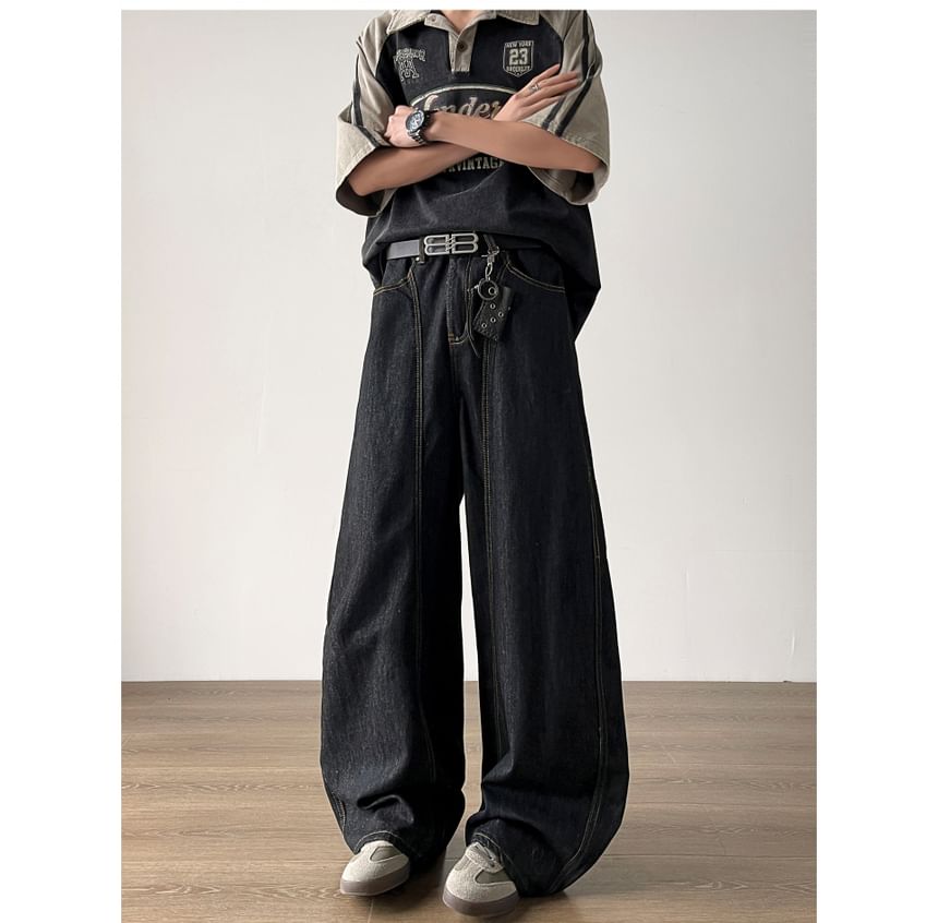 Filmas - Mid Rise Contrast Stitched Washed Wide Leg Jeans