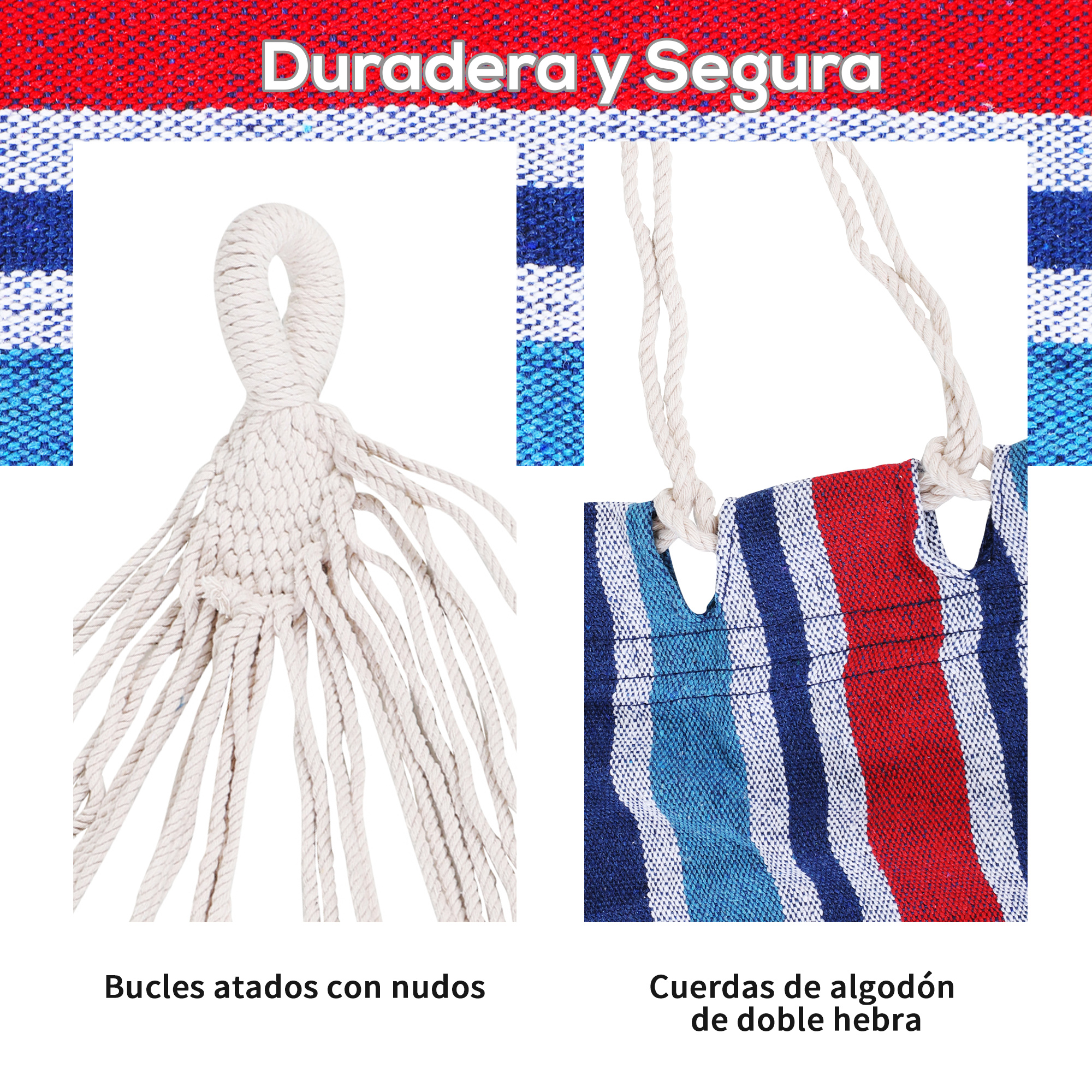 Rede de algodão Outsunny para jardim, 210x150 cm, rede suspensa portátil, carga máxima de 180 kg, ideal para camping, piscina e camping, com listras azuis e vermelhas.