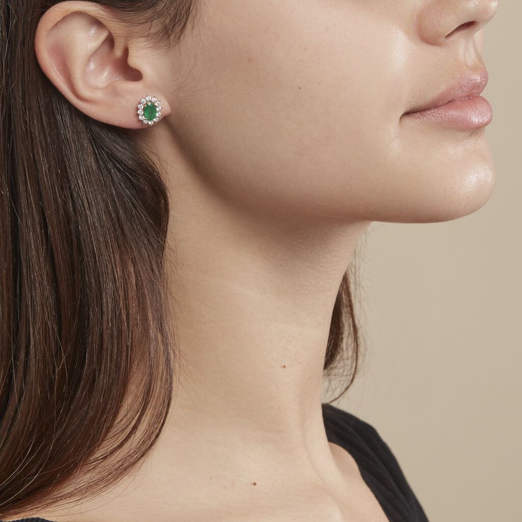 Boucles D'oreilles Puces Vladimir Or Jaune Diamant Et Emeraude