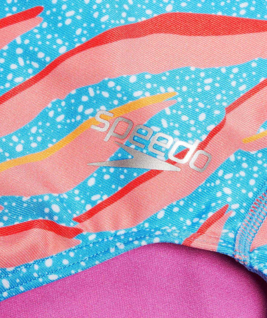 Speedo badedragt til piger - Allover Digital V-Back - Blå/orange