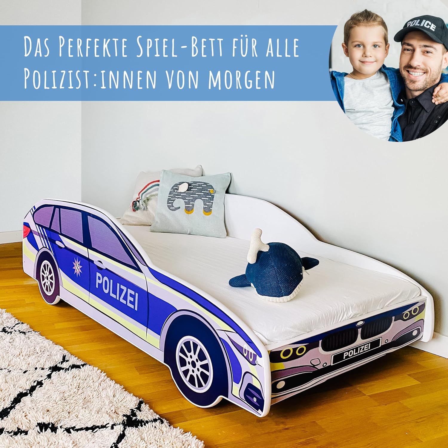 Kids Collective Autobett Kinderbett Jugendbett 70x140 | 80x160 mit Rausfallschutz Matratze optional | Polizei Polizeiauto Polizist Kinder Spielbett