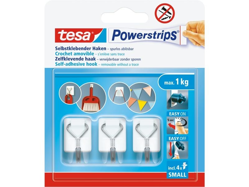 tesa Klebehaken Powerstrips Haken Small Weiss, 1 kg Haltekr Selbstklebende Haken mit abnehmbarem Drahthaken – wiederverwendbar – Montage ohne Bohren