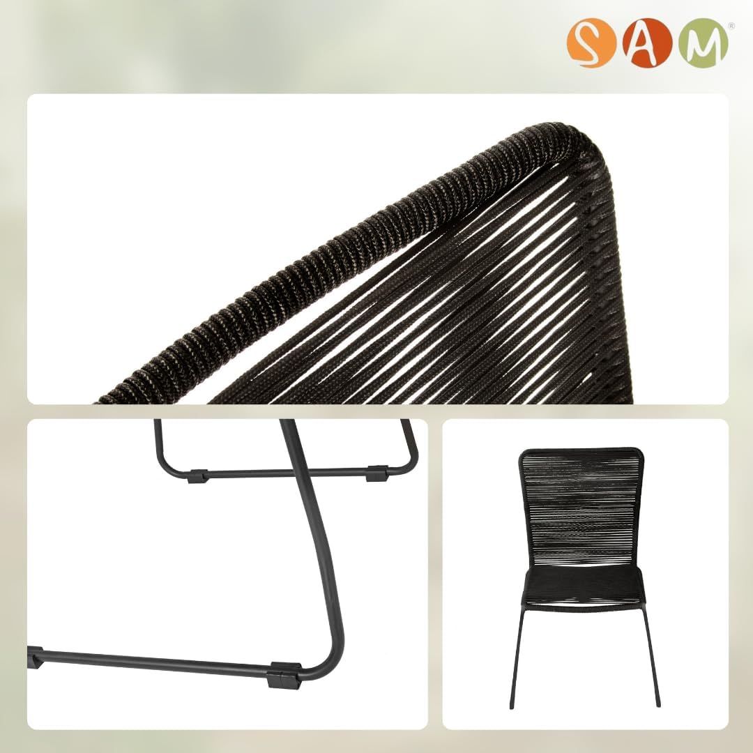 Loreno 6er Set Outdoor Seilstuhl ISRA – Stapelbare Gartenstühle mit Grauer Seilbespannung aus Polyester & schwarzem Eisen-Gestell – Modernes Rope Chair Design für Garten, Balkon & Terrasse, Schwarz