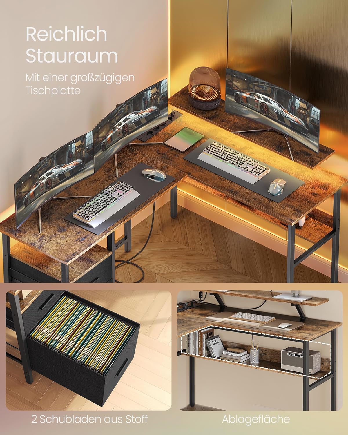 VASAGLE L-förmiger Schreibtisch mit Steckdosen, Eckschreibtisch, Computertisch, Monitorständer, Gaming-Tisch, LED-Beleuchtung, USB-Anschlüsse, 150 x 120 x 76 cm, Homeoffice, vintagebraun LWD095K01