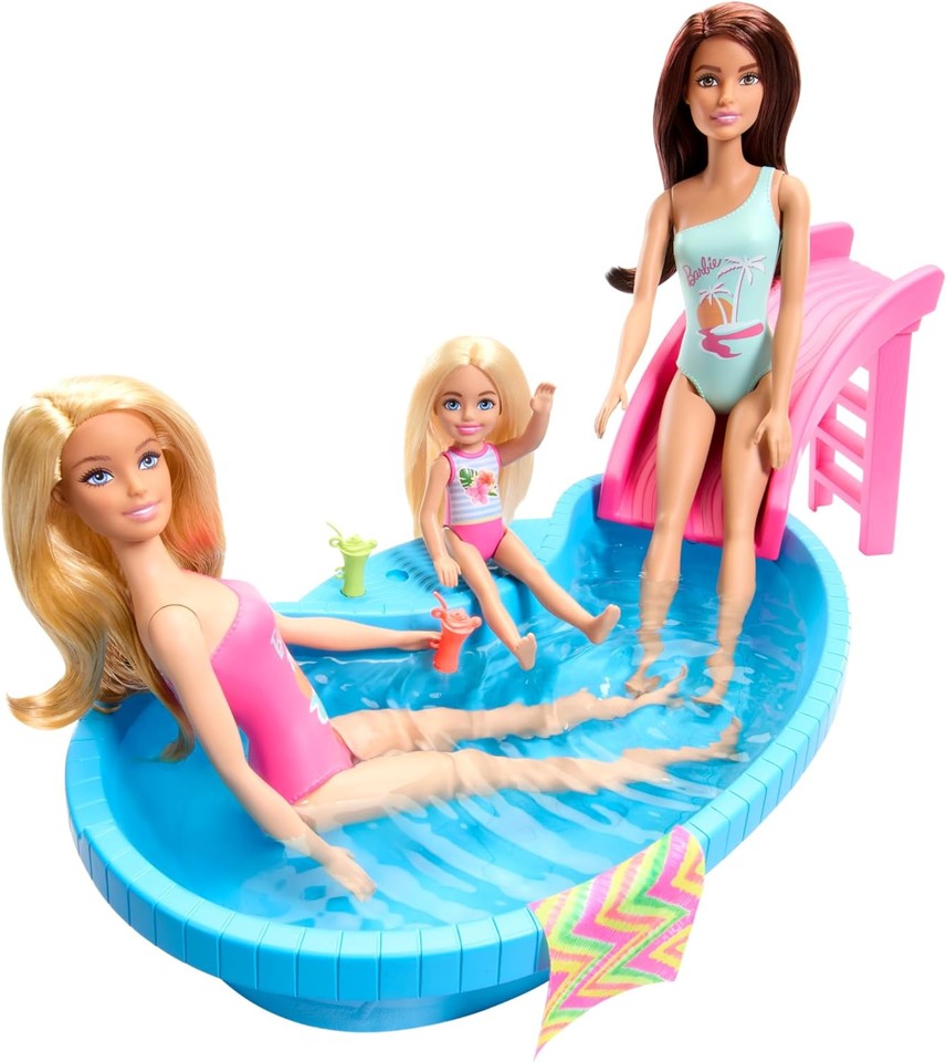 Barbie - Dukke og pool legesæt med rutshebane og accesories (HRJ74)