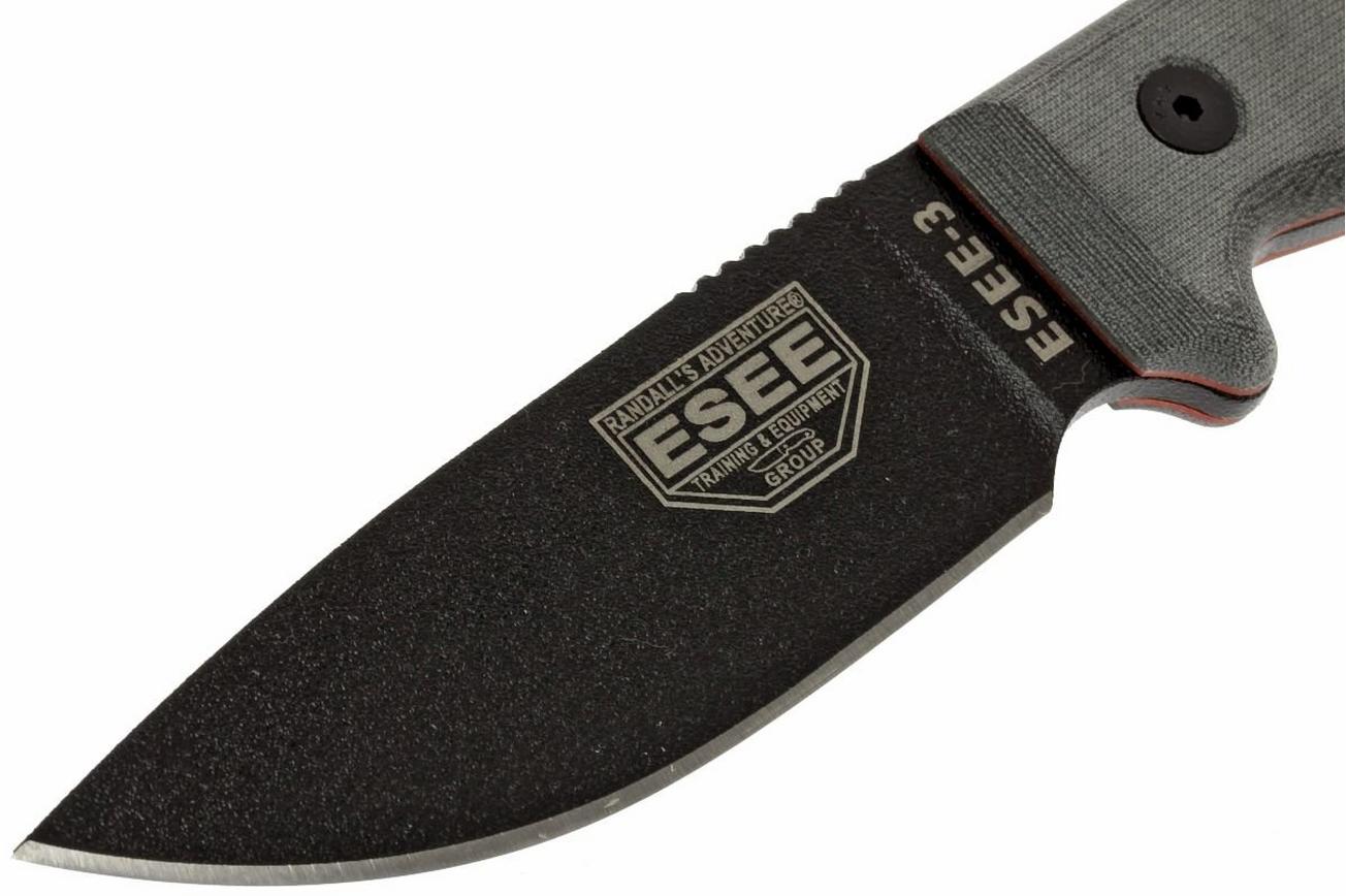 ESEE Model 3 black blade, grey handle 3P-MB-B met schede   clip en MOLLE-back