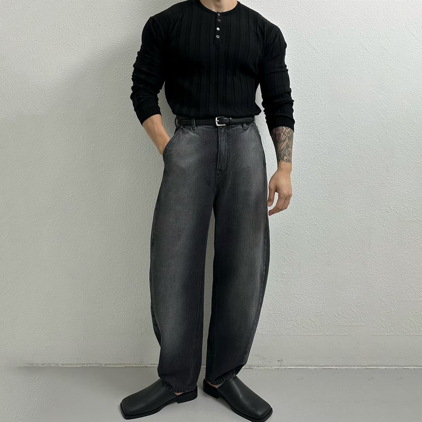 Okwano - Henley-top met lange mouwen en ronde hals, effen gebreid