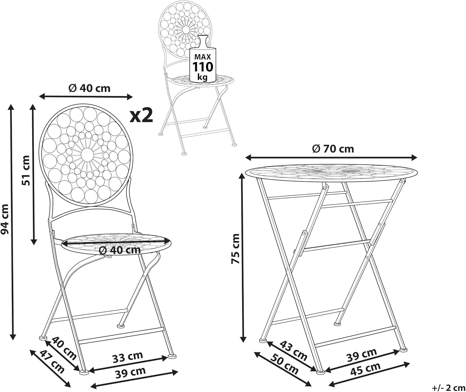 Beliani Garten Bistro Set Tisch mit 2 Stühlen zusammenklappbar Metall Provence Stil Rot Scario