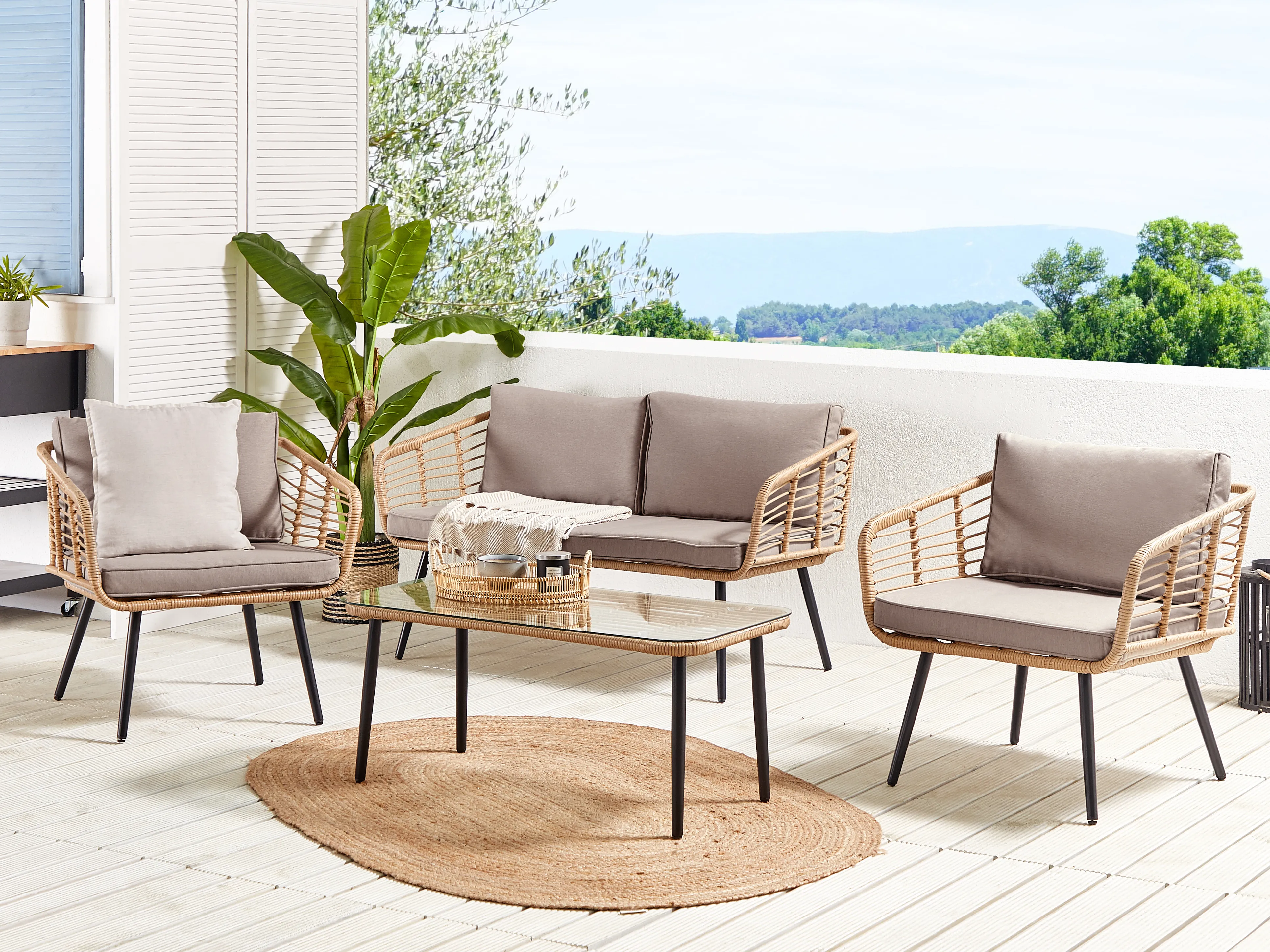 Loungeset met tafel 4-zits CORINTH II PE rotan Natuurlijk