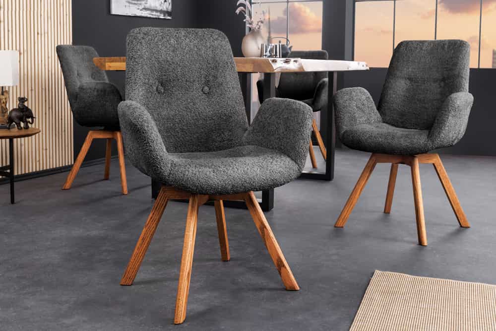 Drehbarer Design Stuhl BALTIC dunkelgrau Bouclé natur Eiche Massivholz mit Armlehne