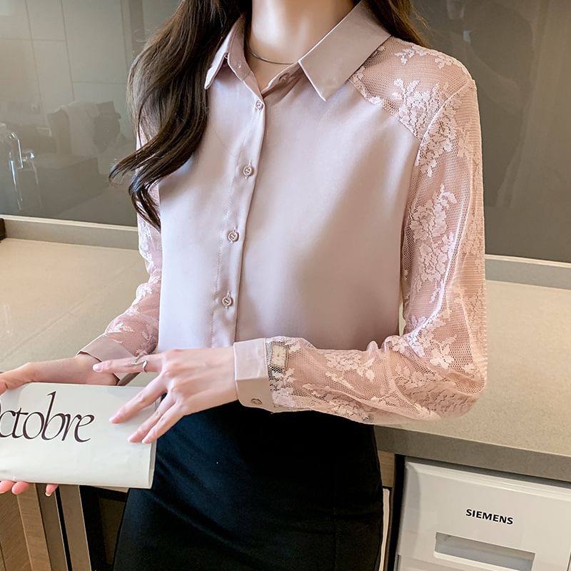 Coline - Shirt met lange mouwen en bloemenkant