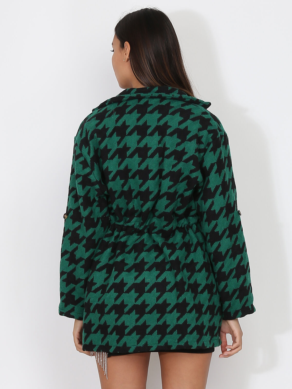 Manteau court à motif pied-de-poule- Noir / Vert