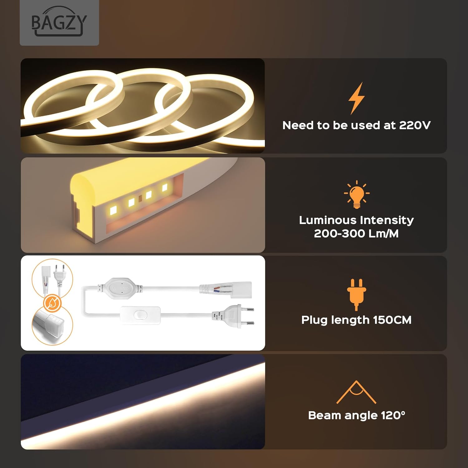 BAGZY Neon LED Streifen 50M Aussenbereich, Neon Wasserdicht Strip 230V Outdoor 120 LED/M Flexibler DIY Lichtband für Innen Weihnachtsfeier Aussenbereich,mit Netzteil und Controller (Gelb,50Meter)