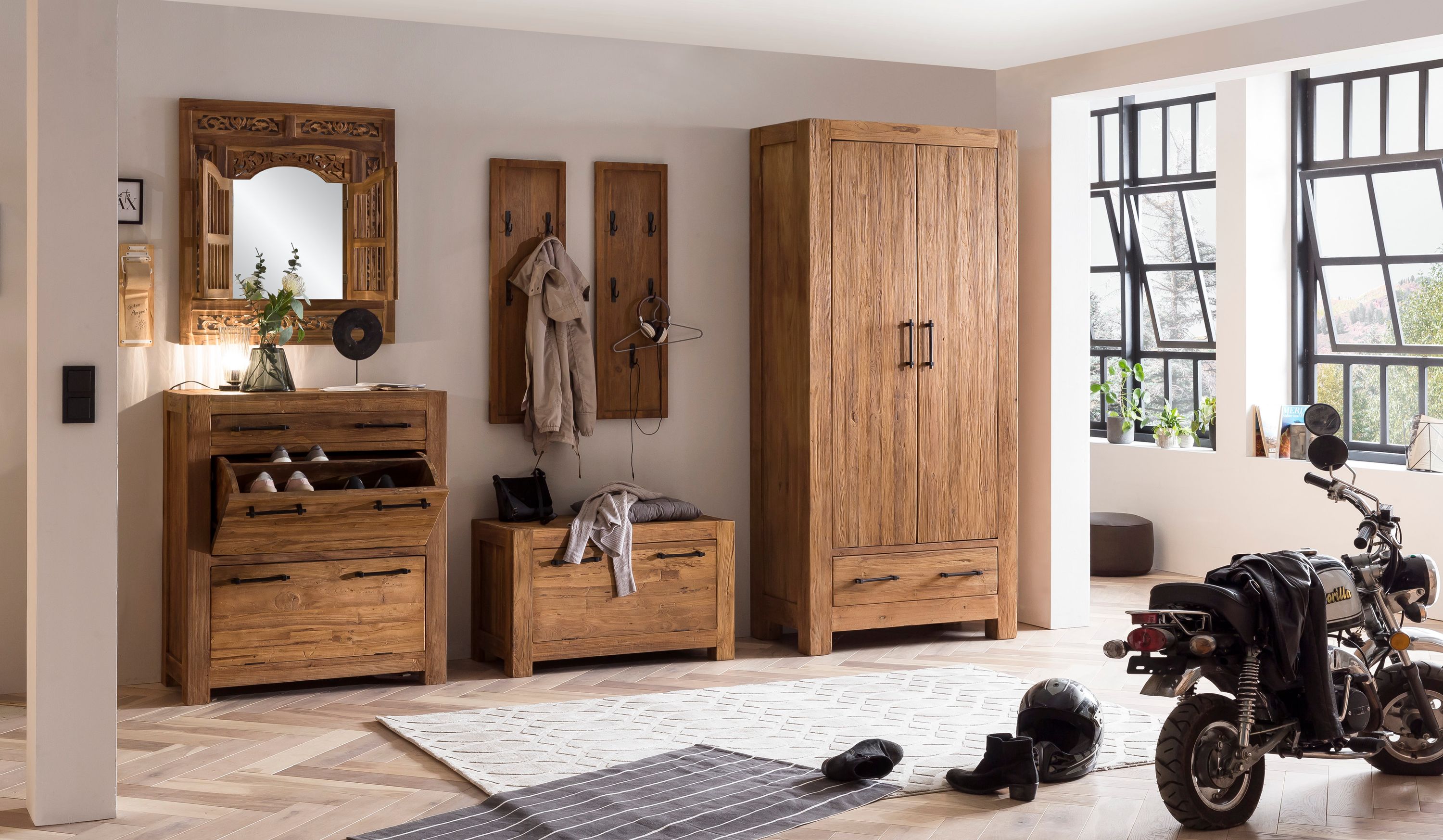Garderobenschrank Banda Teak Holz Flurschrank Kleiderschrank Schrank Hochschrank