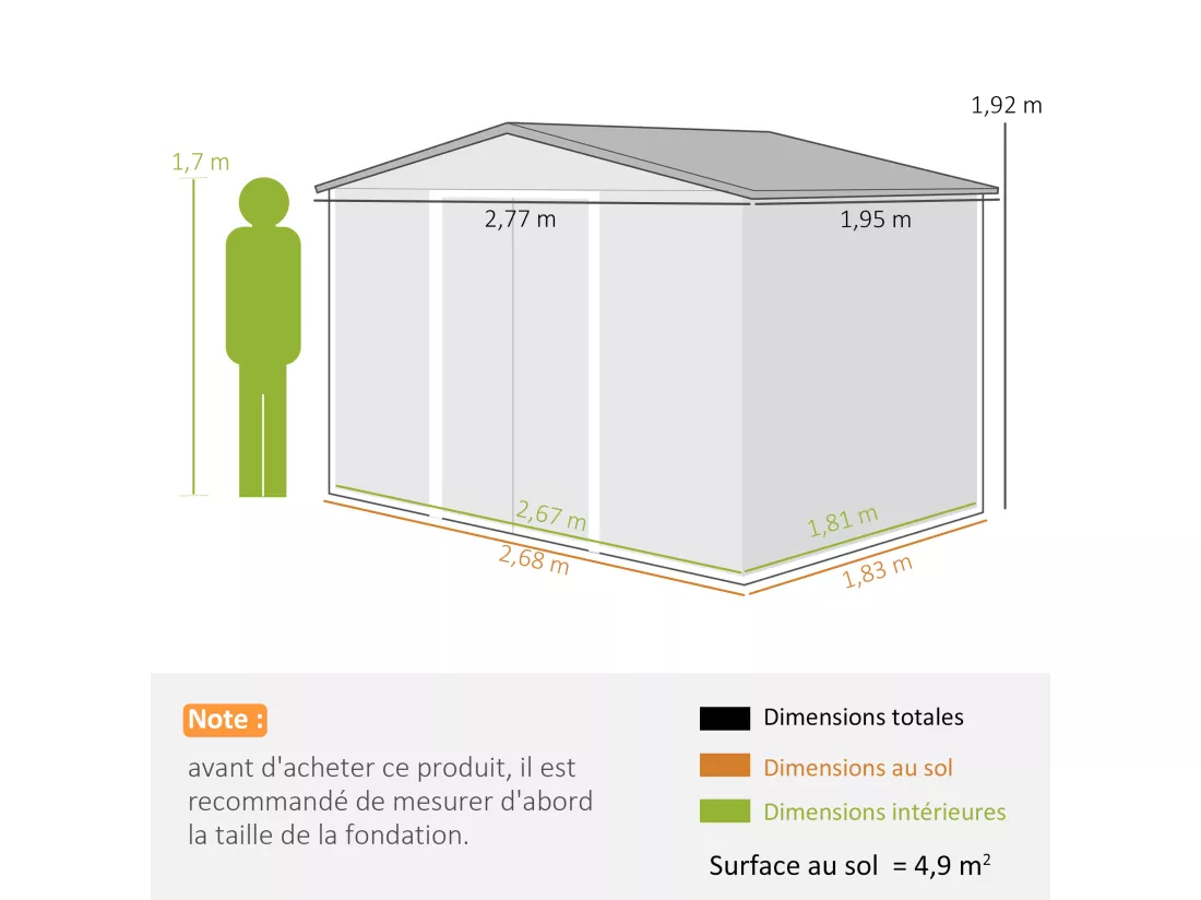 Abri de jardin - remise pour outils - cabanon double porte coulissante - fondation incluse - dim. 277L x 191l x 192H cm - tôle d'acier ondulée terracotta