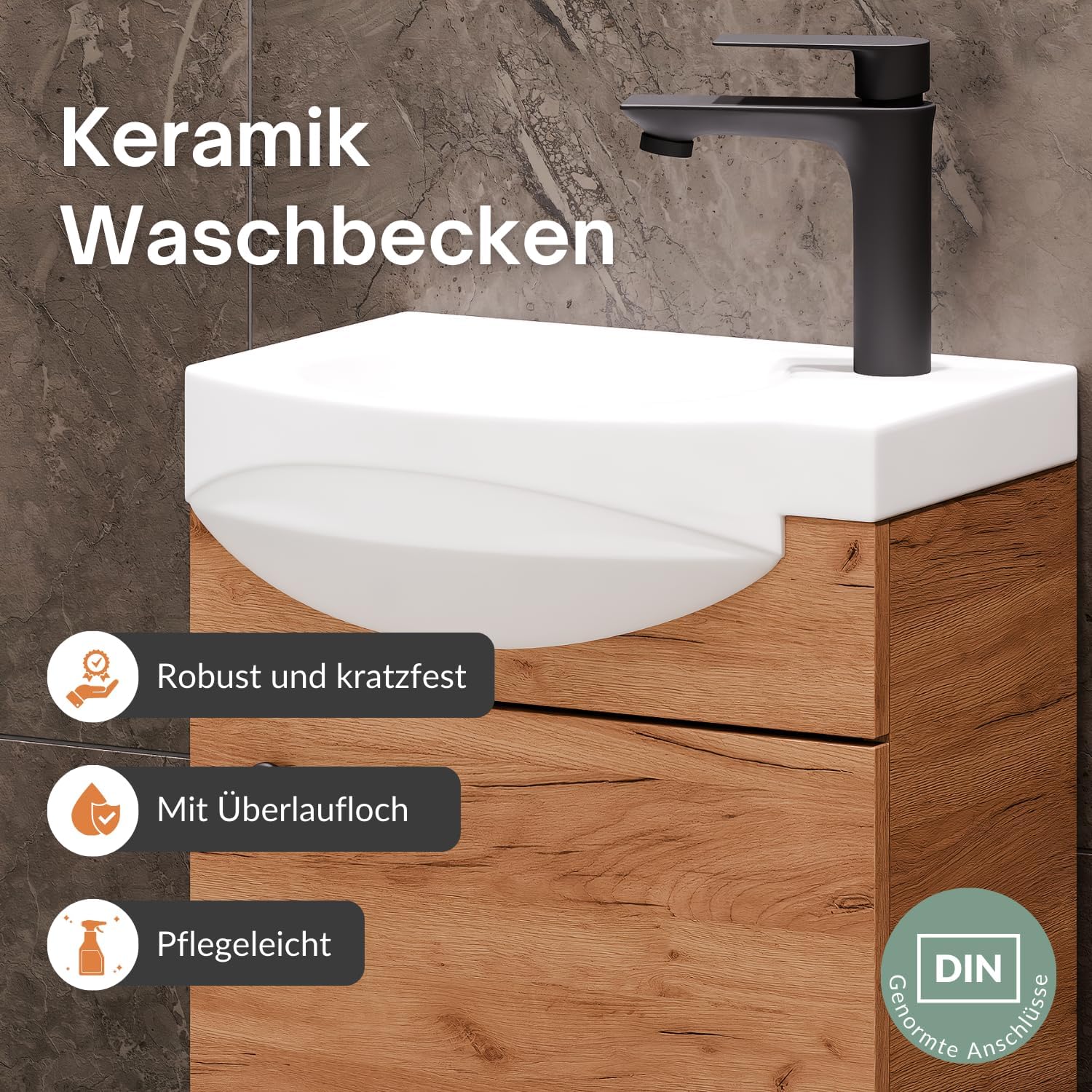 Planetmöbel Badmöbel Set Waschtisch mit Unterschrank 40 x 60 x 29 cm mit Spiegelschrank 40 cm für Badezimmer, Gäste WC & Bad, Gold Eiche