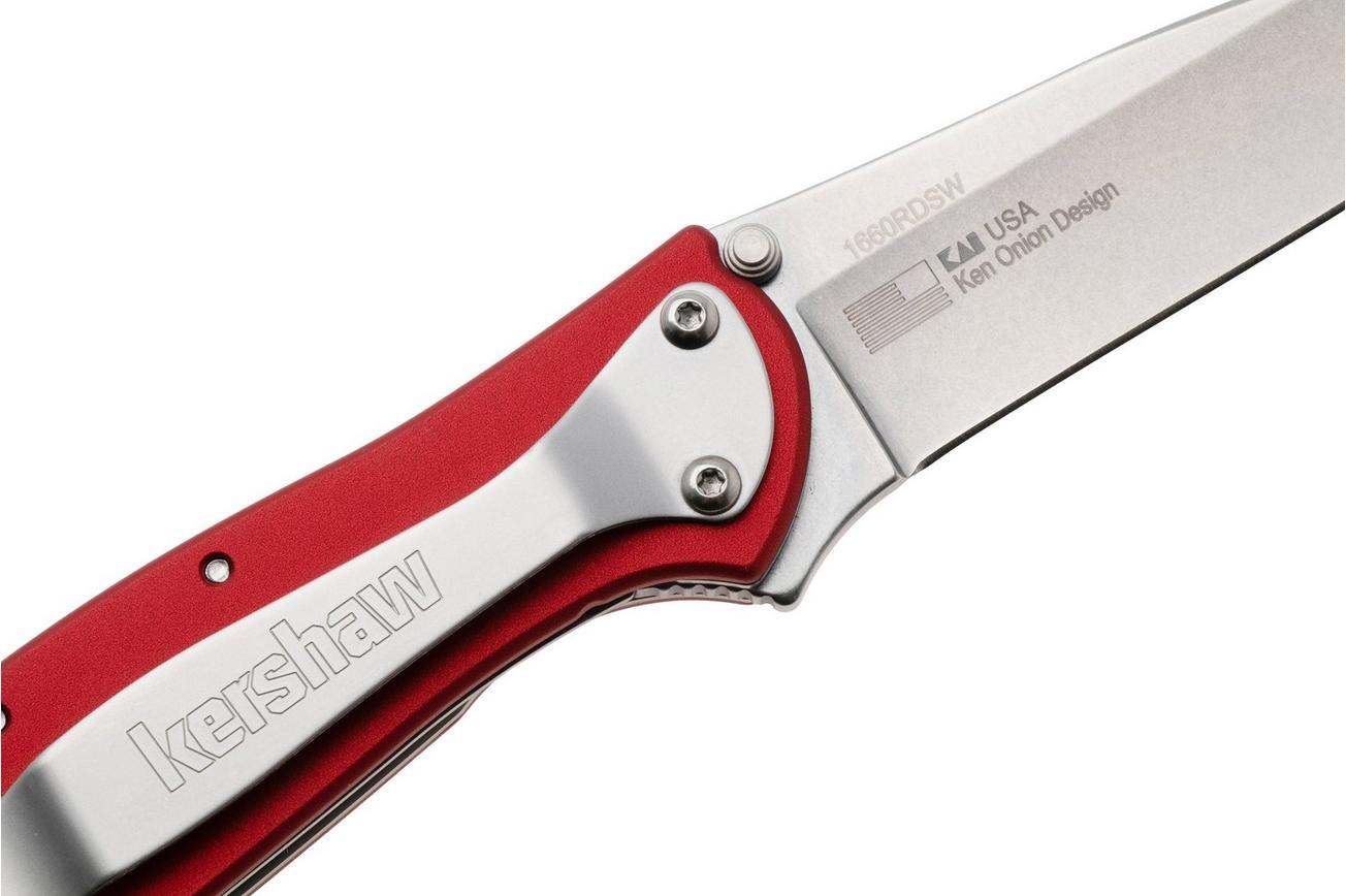 Kershaw Leek 1660RDSW, Stonewashed 14C28N, Red Aluminum zakmes, Ken Onion design