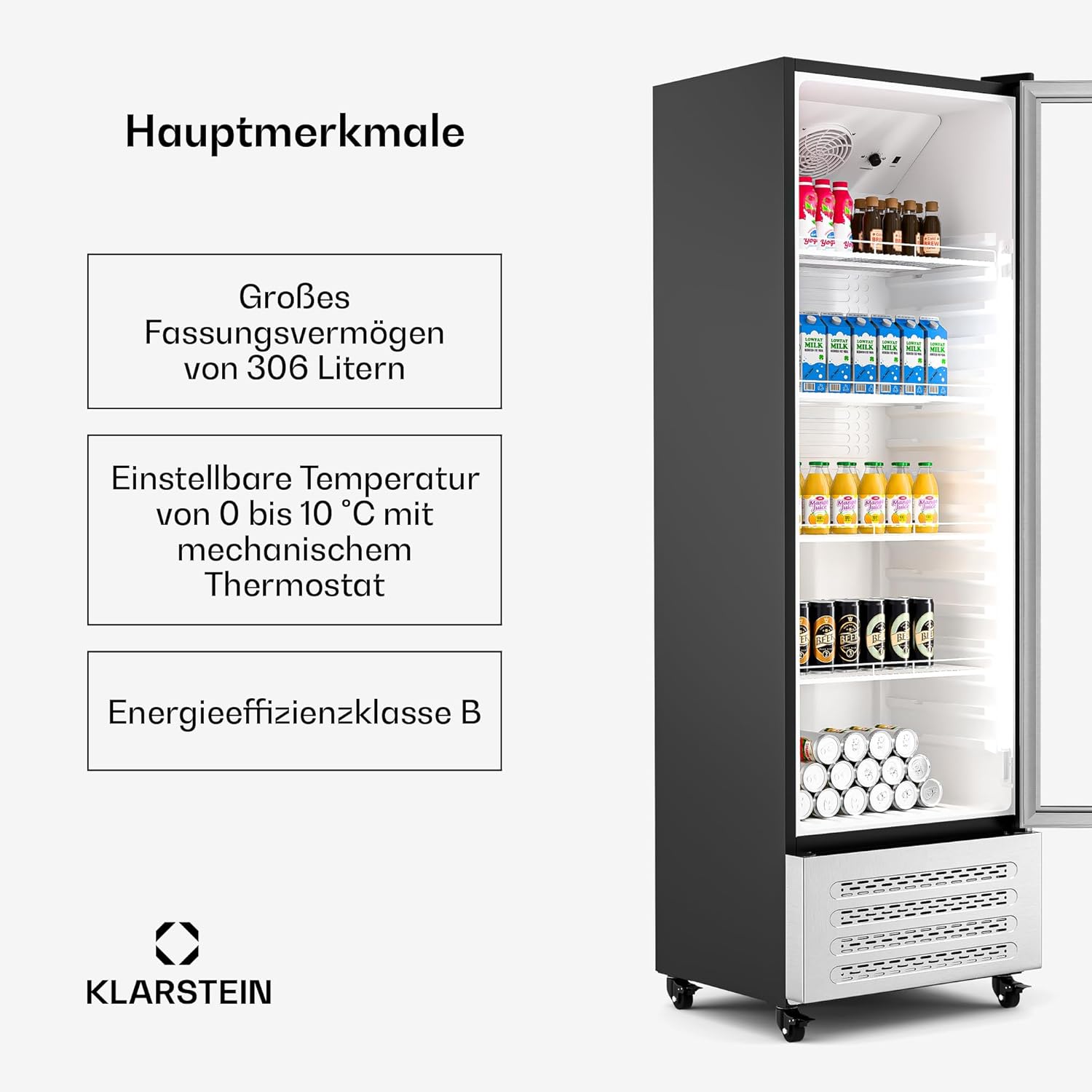 Klarstein GrandCooler 306L Getränkekühlschrank - Doppelverglaste Tür, Aluminium-Tür, LED-Beleuchtung, Mechanischer Thermostat, 0 °C bis 10 °C, 4 Räder, Energieklasse B