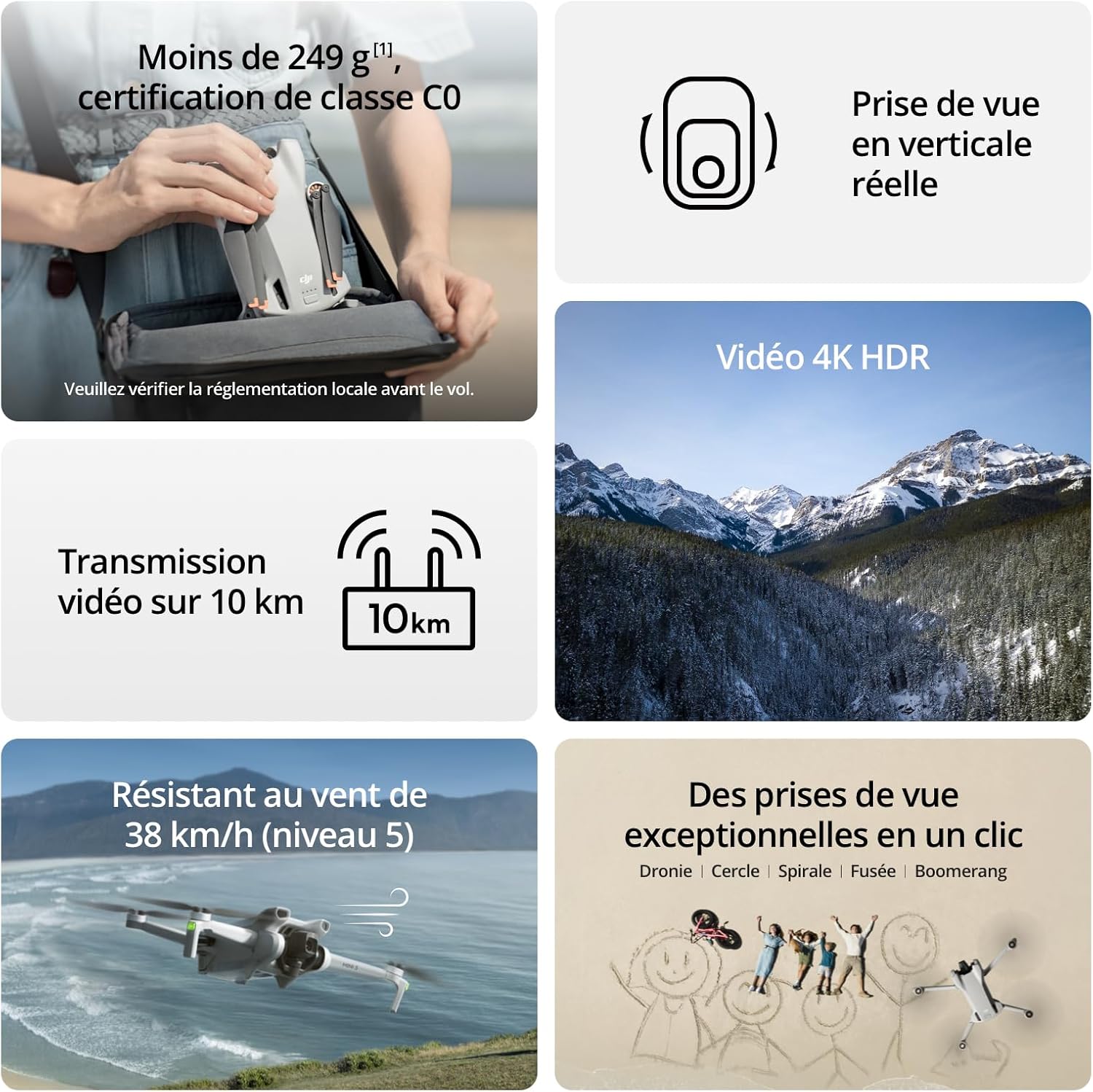 DJI Mini 3 (DJI RC) – Mini Drone Caméra Léger avec Nacelle Mécanique à 3 Axes, Vidéo 4K HDR, Temps de Vol de 38 Minutes, Transmission Vidéo jusqu’à 10 km, Prise de Vue Verticale, Retour Intégré, C0