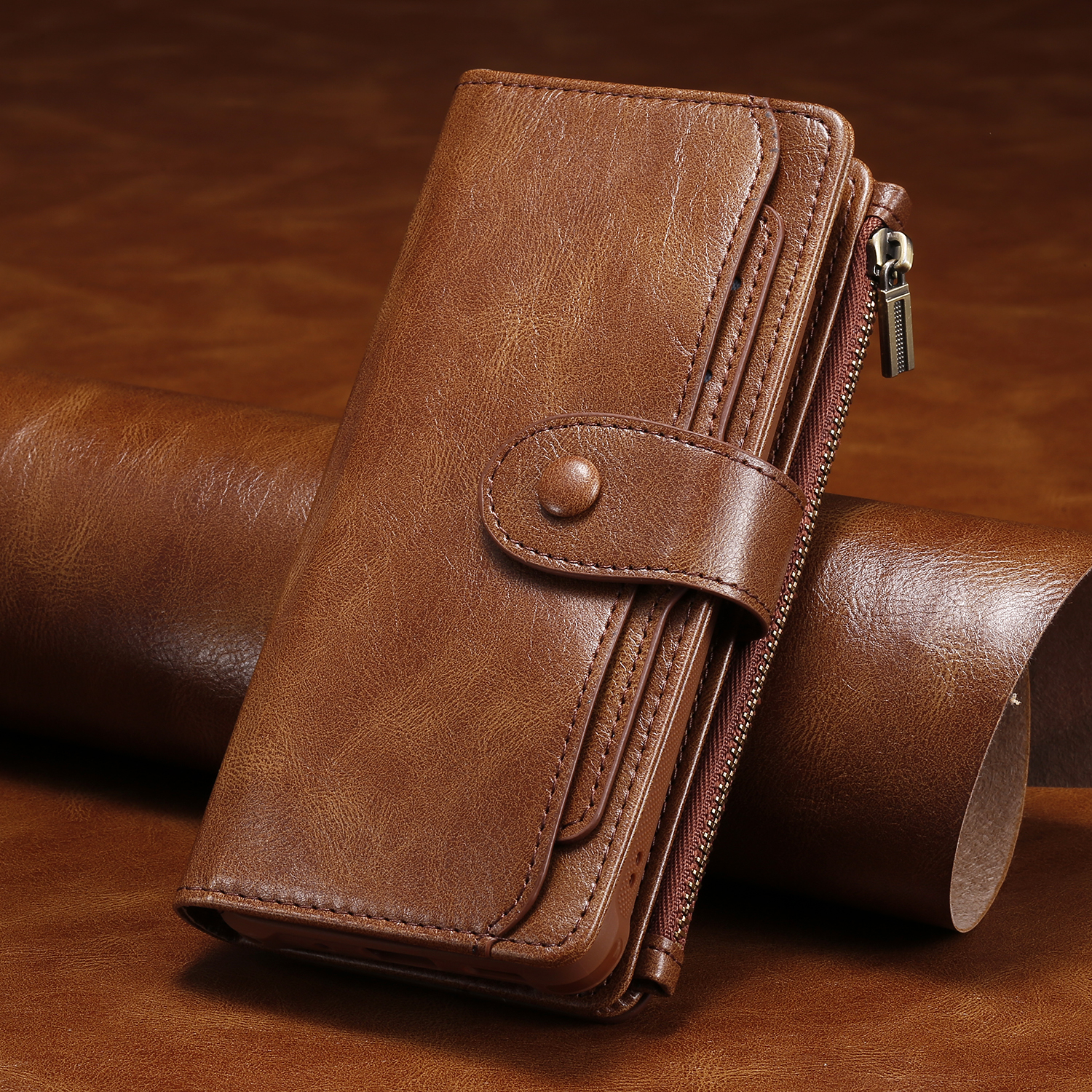 iPhone 16e Leder Wallet Etui Tasche mit 9 Kartenfächern   Münzfach - Braun