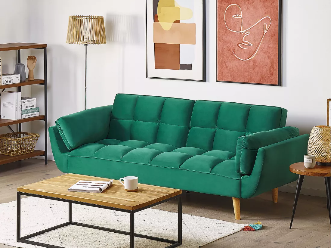 Canapé 3 places convertible en velours vert ASBY