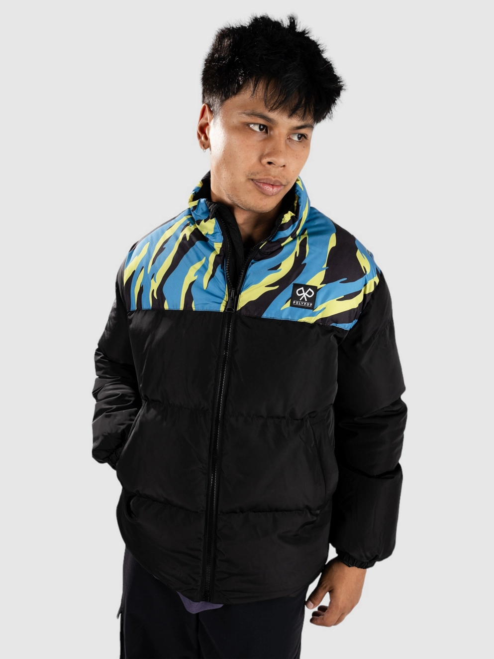 Polypop Black Tigra Pattern Chest Puffer Jacket black