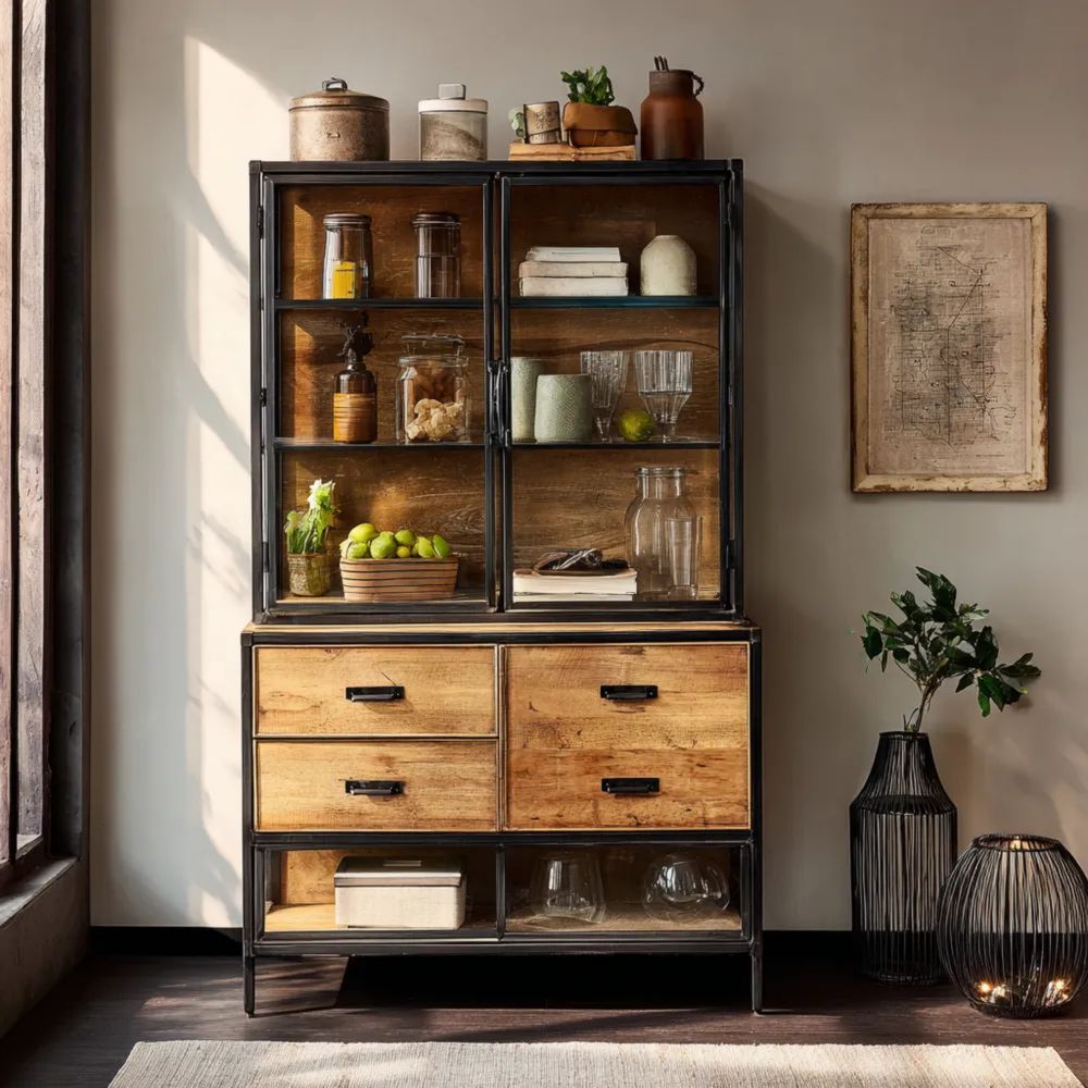 Vitrine Holz Metall - 180x90x40 cm - Industriedesign