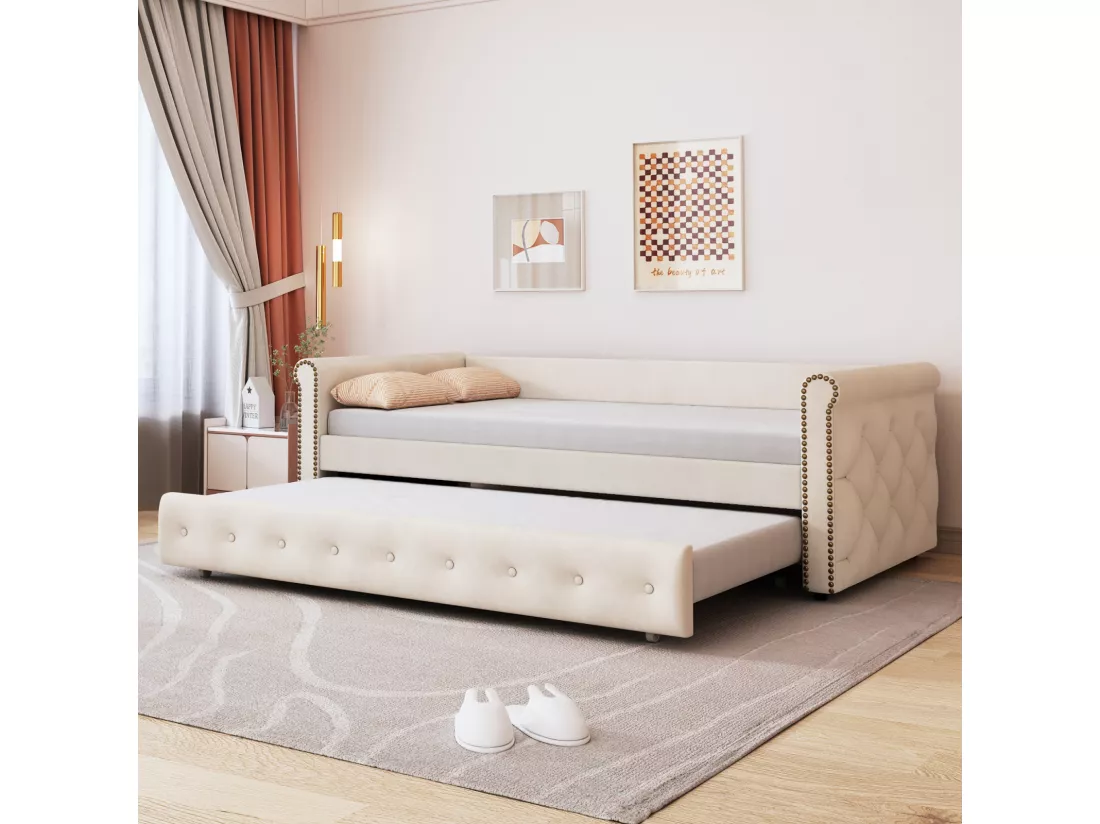 Lit gigogne 2x90x200cm - Canapé-lit extensible avec sommiers à lattes, sans matelas - lit en tissu velours - Beige